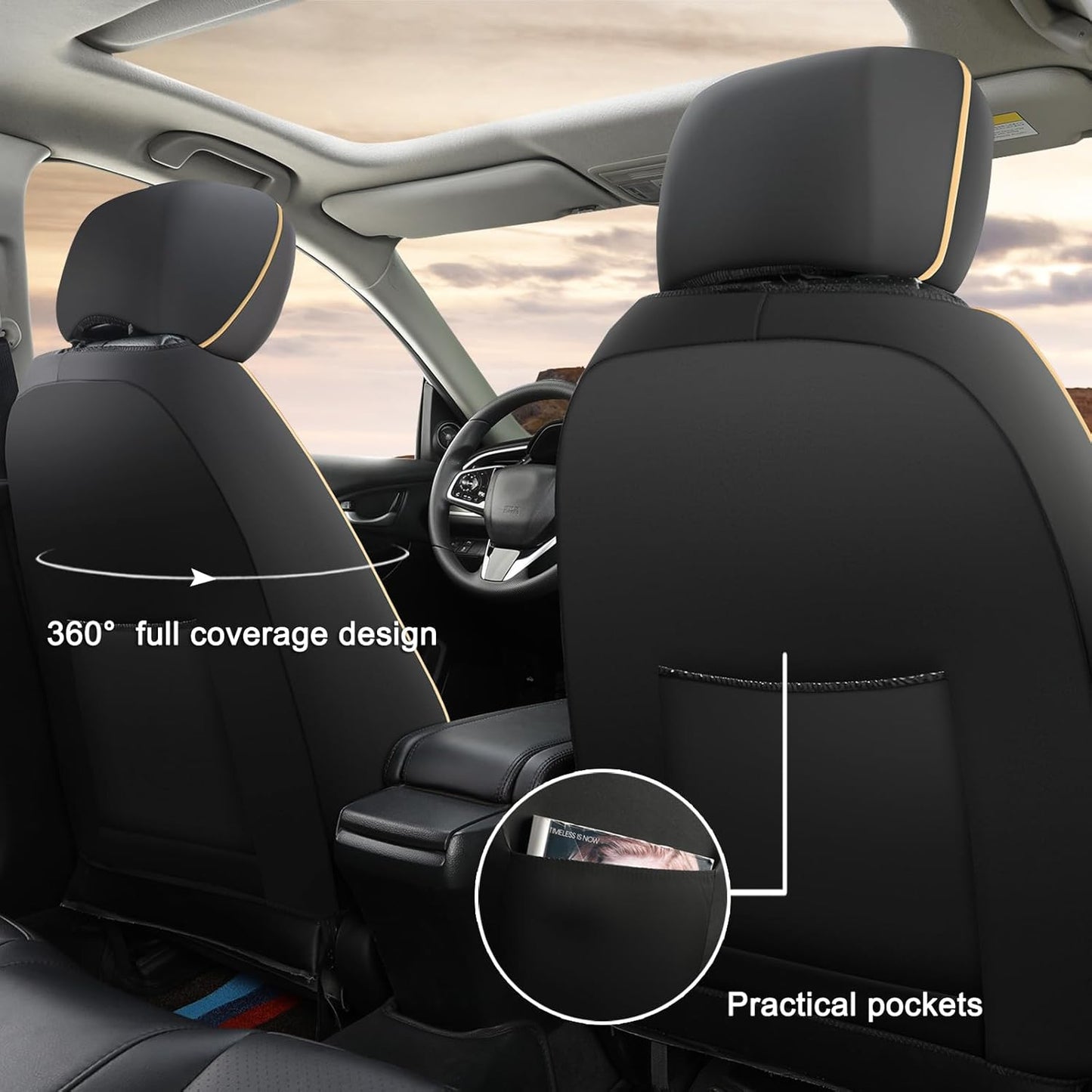 GIANT PANDA Front Car Seat Cover for Kia, Piping Leather Bucket Seat Protectors Waterproof, Custom Fit Kia Sorento Sportage Forte Telluride K5 Seltos Soul Optima Carnival (2 Pack Black+Beige Line)