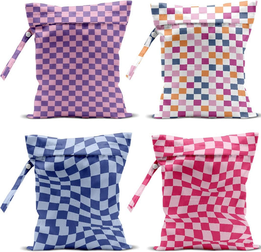 4 Pack Cute Wet Bag Waterproof Washable Reusable Wet Dry Bag for Swimsuit Dirty Clothes Diaper Travel Beach Pool Gym Birthday Bachelorette Party Camping Toiletries Beach Essentials，Colorful Checkered