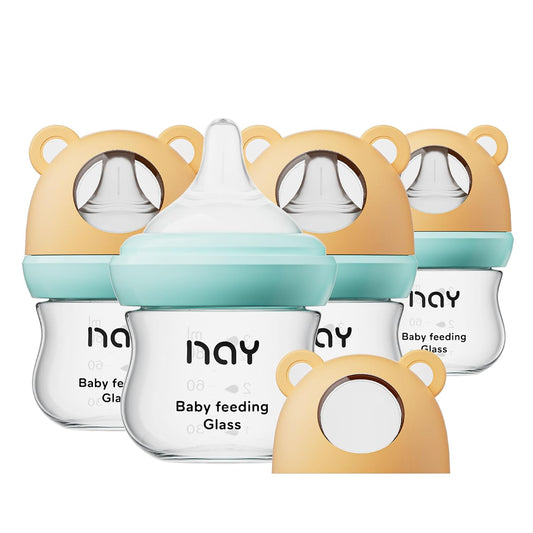 Natural Glass Baby Bottle for Breastfeeding Babies, 3oz Newborn Anti-Colic Baby Bottle with Slow Flow Nipples (SS), Clear, Wide Neck, 4 Pack, 0 Months+