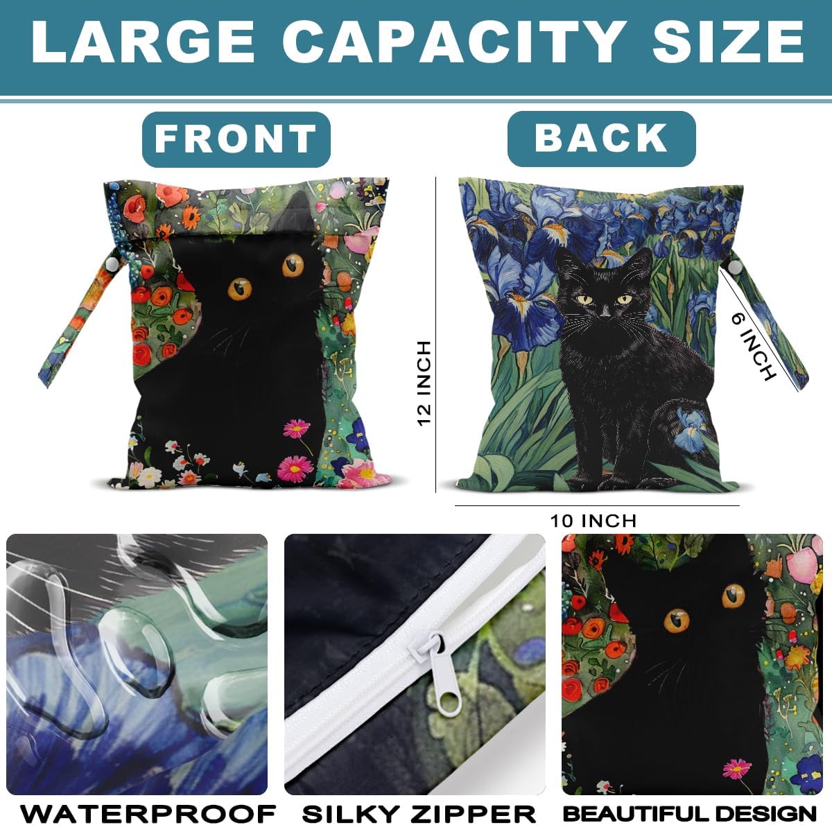 2Pcs Cat Wet Bag 12x10 Inch, Colorful Floral Waterproof Travel Laundry Bags, Washable Reusable Wet Dry Bag for Swimsuit Beach Diapers Dirty Yoga Gym Clothes, Flowers Gifts for Women Friend Travelers