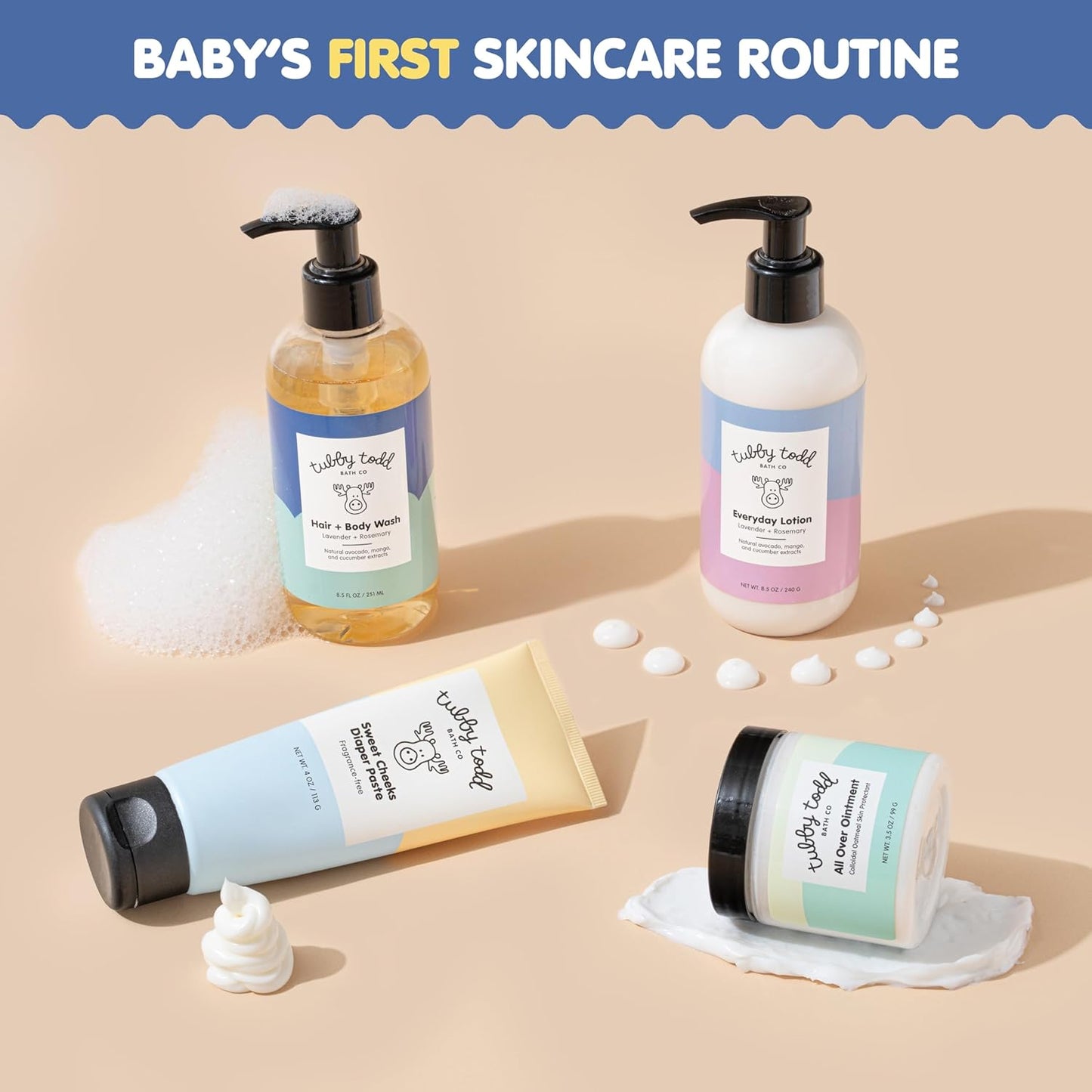 TUBBY TODD Baby Bath & Skincare Kit - The Baby Bundle - Shampoo and Body Wash, Everyday Lotion 8.5 Oz, All Over Ointment 3.5 Oz & Diaper Paste Cream 4 Oz Gift Set - Fragrance-Free