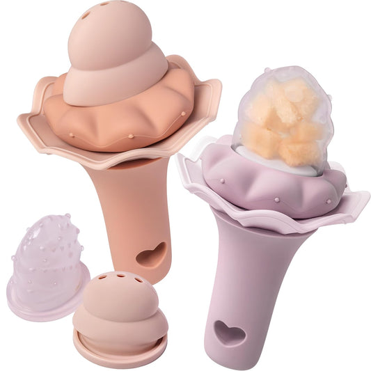 Moonkie Baby Fruit Feeder, BPA Free Silicone Food Feeder for Infant Self Feeding, Mesh Feeder with Two Pouches, Baby Shower Gifts 4 Months+, 2 Pack (Without Freezer Tray)