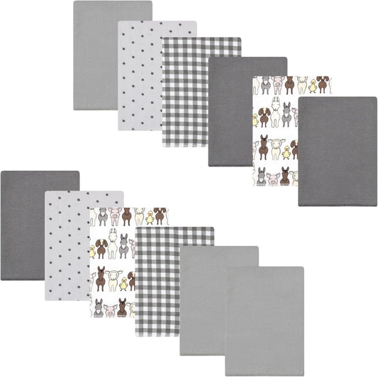 Luvable Friends Hudson Baby Flannel Burp Cloths 12pk, Farm Pals Gray