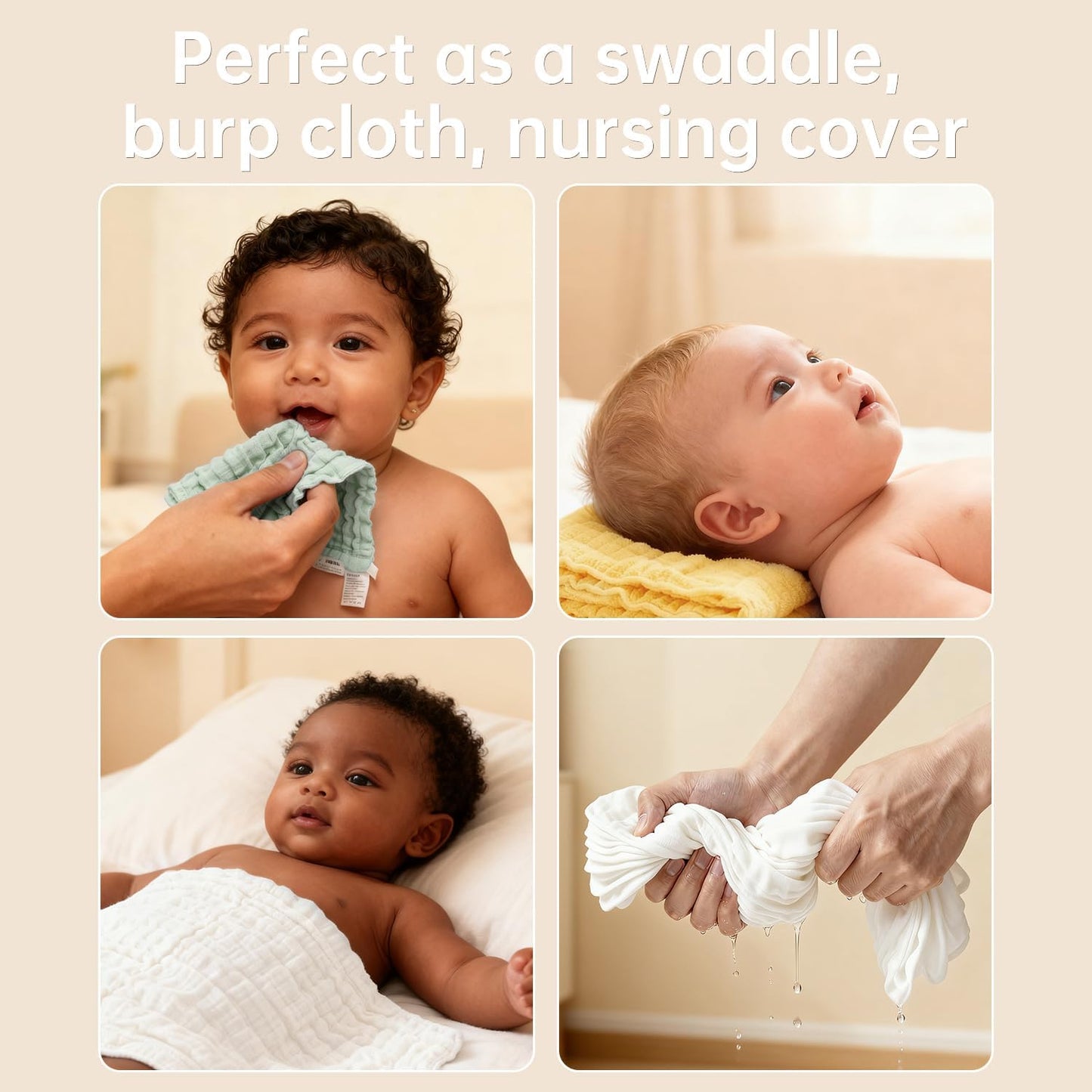 Organic Muslin Baby Washcloths 6 Pack Baby Bath Face Towel 12x12 Inch Extra Absorbent and Soft Burp Cloth and Wash Cloths for Newborn-Infants On Sensitive Skin (White Green Yellow)