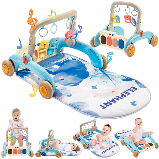Baby Play Gym Walker Kick and Play Piano Gym for Boys Girls Play Mat Musical Tummy Time Mat Infant Christmas Newborn Gifts Toddlers (Elephant Upgraded)