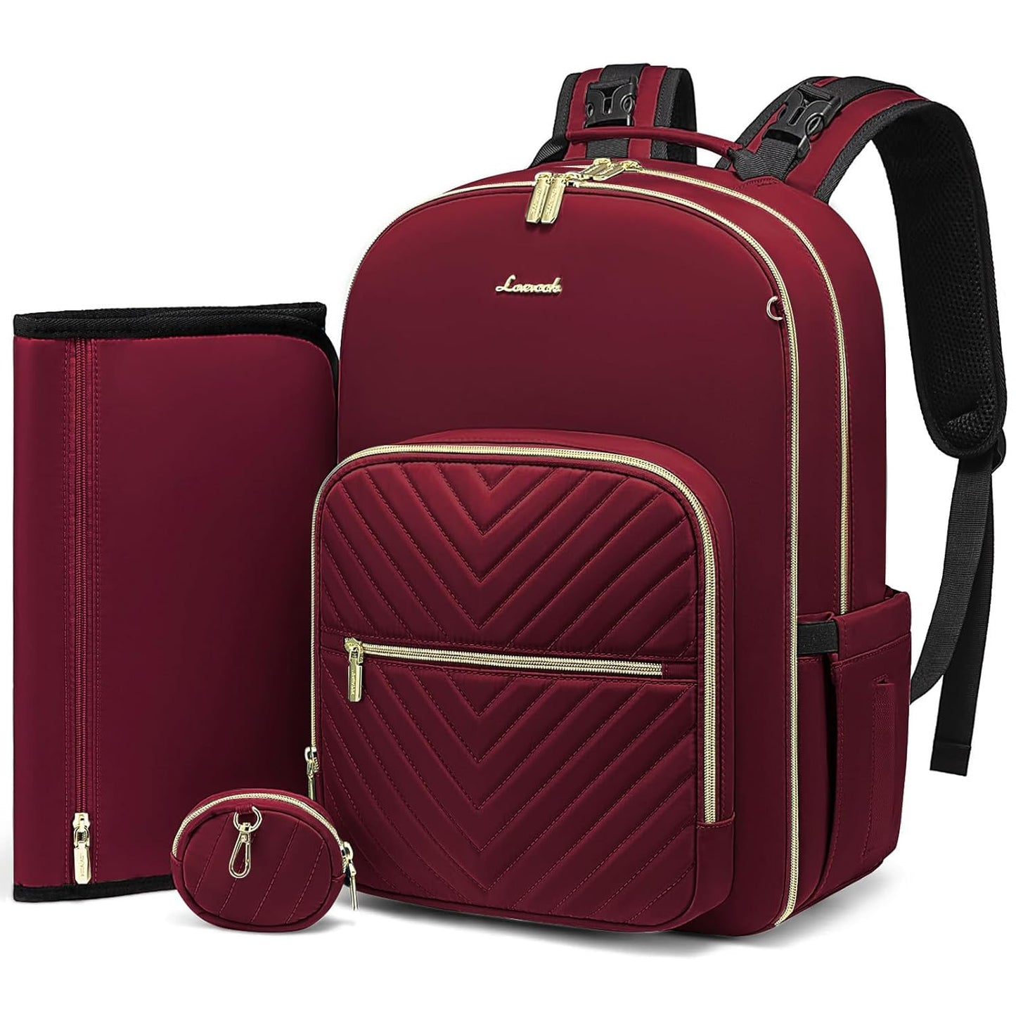 LOVEVOOK Diaper Bag Backpack, Quilted Baby Bag with Changing Pad & Pacifier Holder, Waterproof Travel Diaper Bags for Baby Boys Girls, Stylish and Large Capacity,Wine Red