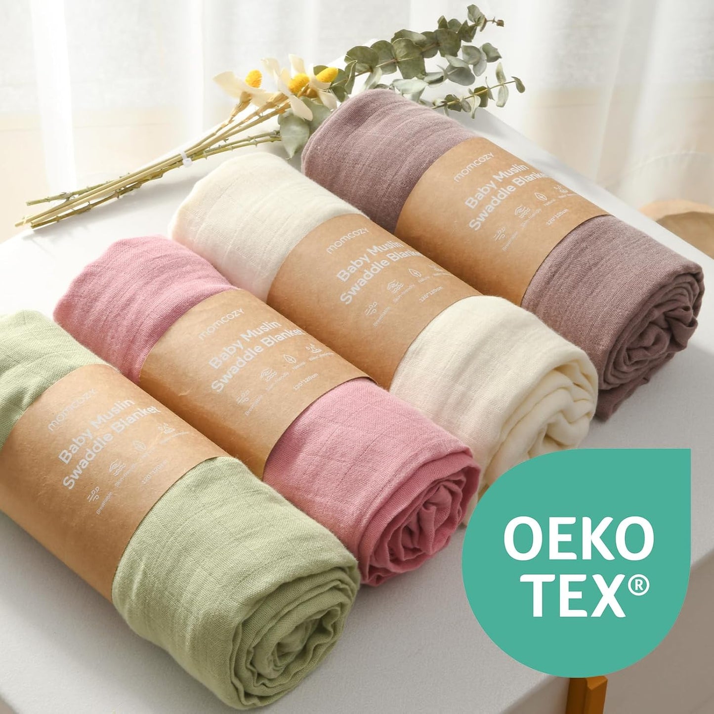 Momcozy Muslin Swaddle Blankets, 4 Pack Ultra Soft Neutral Matching Baby Swaddle Blanket, Breathable Skin Friendly, Large 47 x 47 Inch Swaddling Receiving Blanket for Boy Girl, Light Green