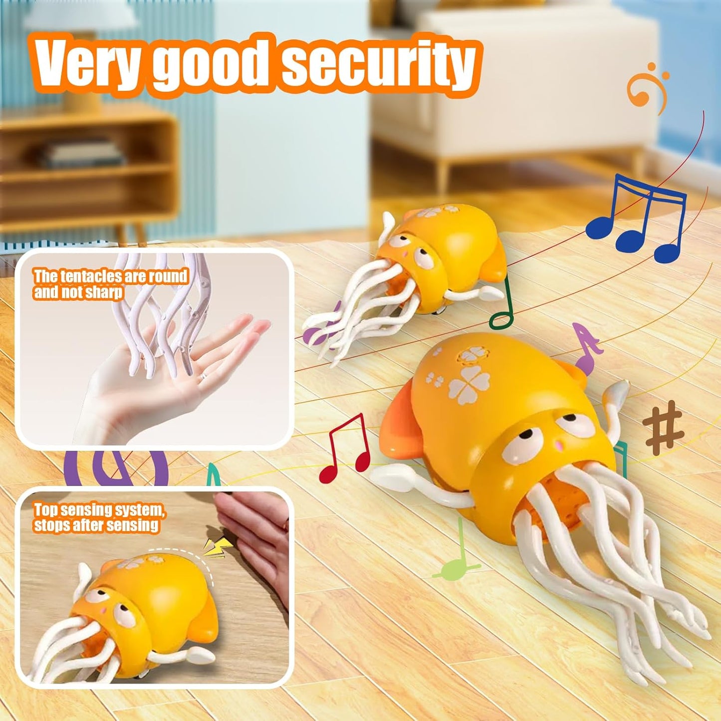 Dancing Octopus Toy Magic Electric Playful Tummy Time Toy, Auto Evasion Crawling Dancing Octopus with Fishing Rod for Baby Toddlers for 3 4 5 6 Year Old Kids Boy Girl Birthday Gifts (Yellow)