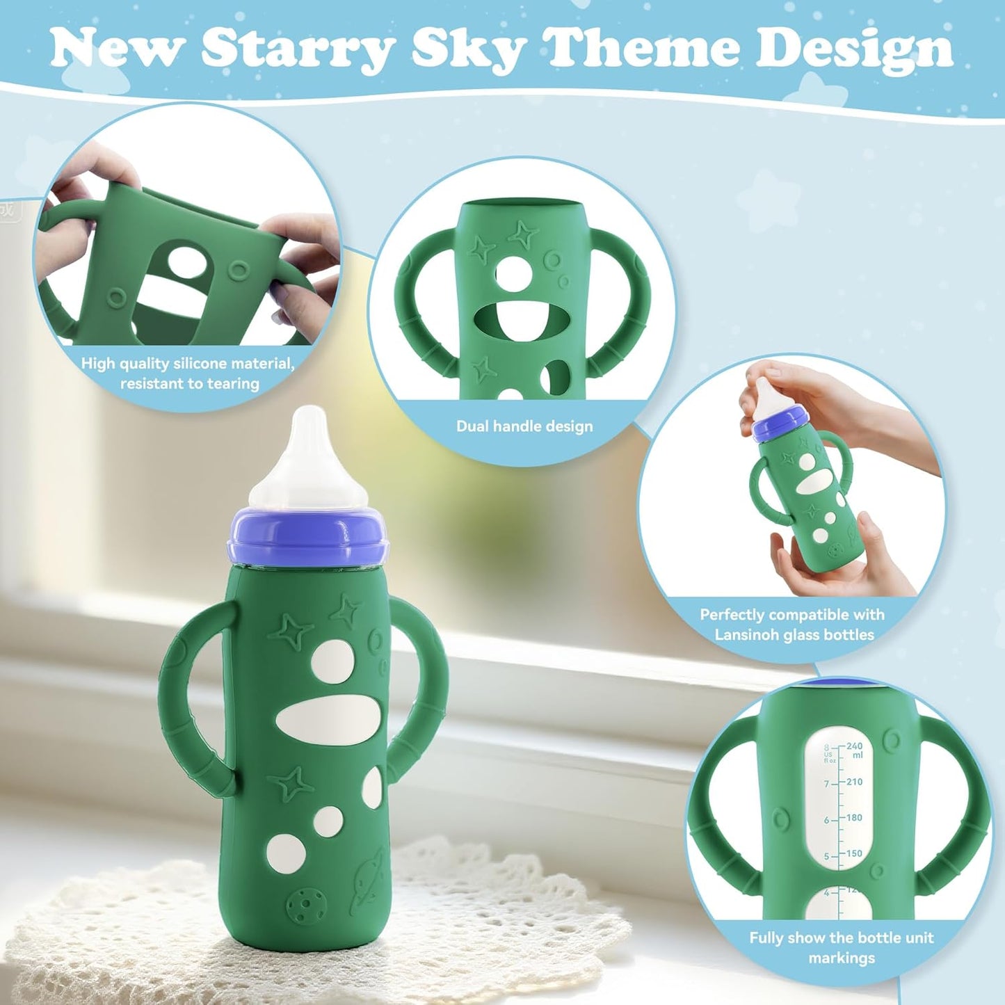 4-Pack Silicone Sleeves for Lansinoh Glass Bottles 8 oz- Starry Sky Design Baby Bottle Holder with Handles,Protectors for Lansinoh Natural Wave Glass Bottles, Anti-Scald Feeding Supplies