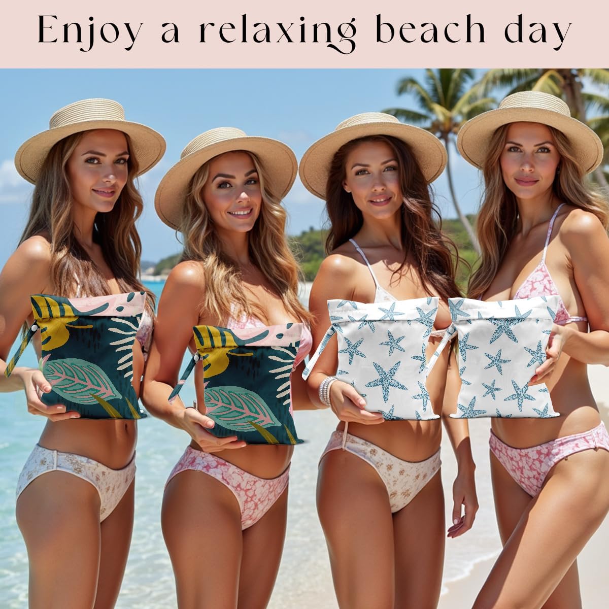 4 Pack Wet Bag for Swimsuit, Beach Travel Essentials Wet Dry Bag, for Sunscreen Toiletry Dirty Clothes Yoga Gym Diaper, Friend Summer Beach Vacation Gifts. Starfish, Palm leaves