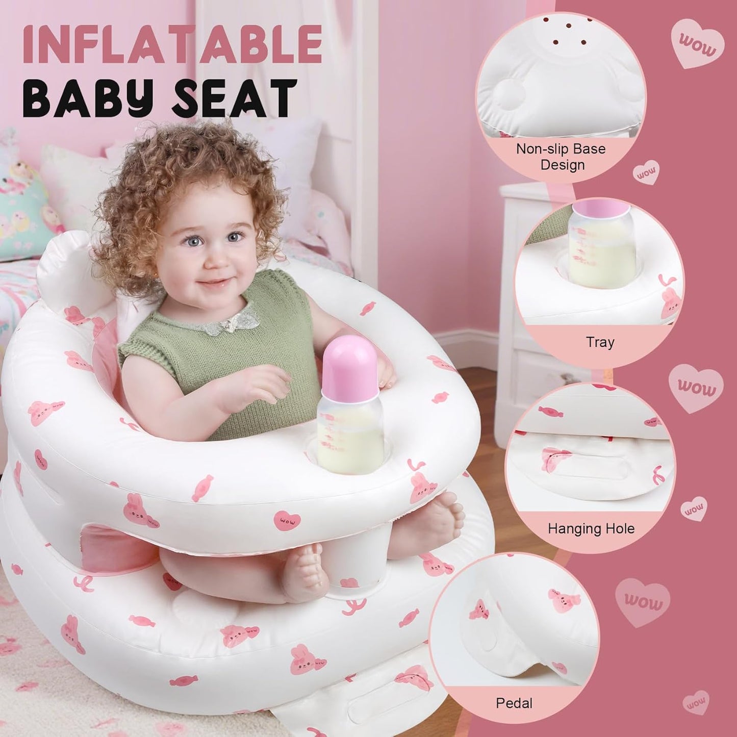 Inflatable Baby Seat for 3-36 Months Babies, Blow up Baby Chair with Built-in Air Pump, PVC Material, Full Enclosure Protection, Outdoor Travel Inflatable Chair for Infant, Pink Love Rabbit