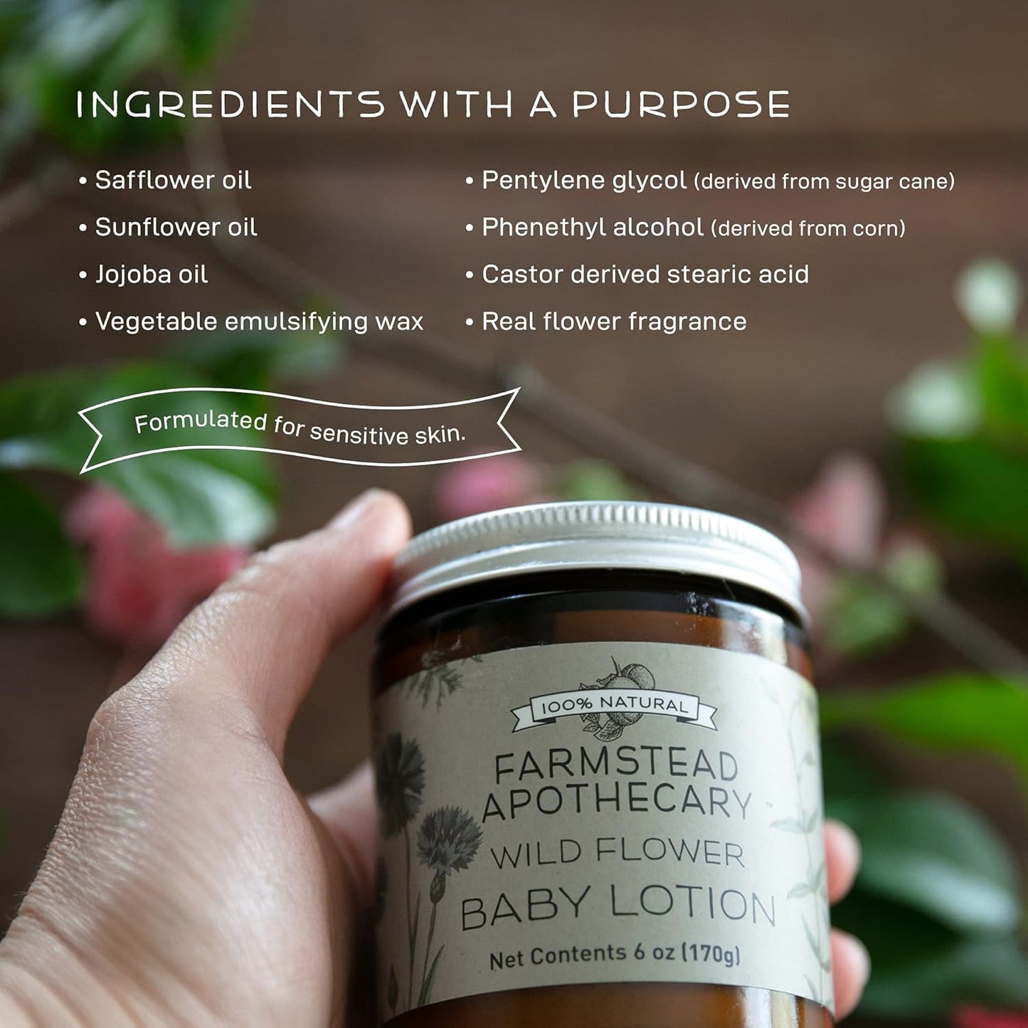 Farmstead Apothecary Baby Lotion- 100% Plant based & Organic- Wildflower 6 oz