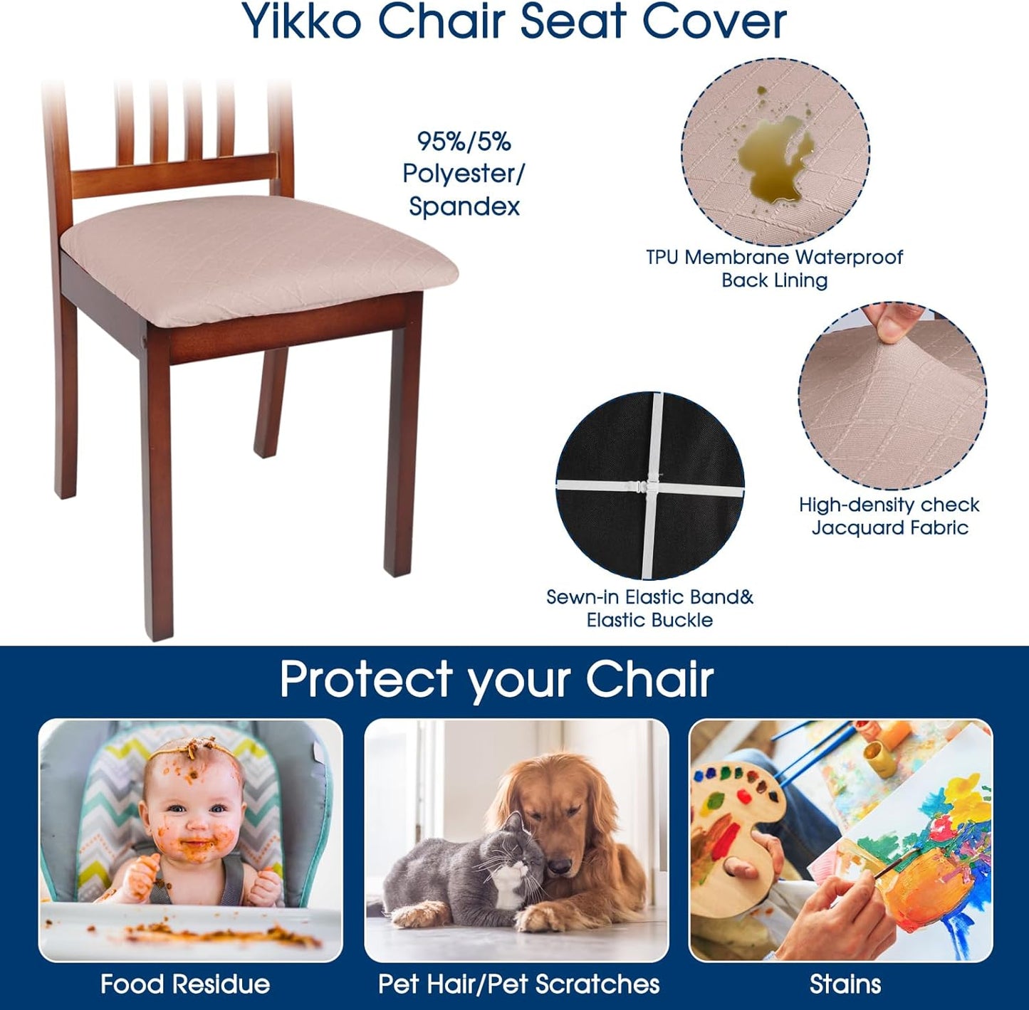 Yikko Chair Seat Covers, High-Density Check Jacquard Ekedalen Seat Covers for Dining Kitchen Restaurant Banquet, Stretch Removable Washable Chair Seat Cushion Protector (6, Light Tan)