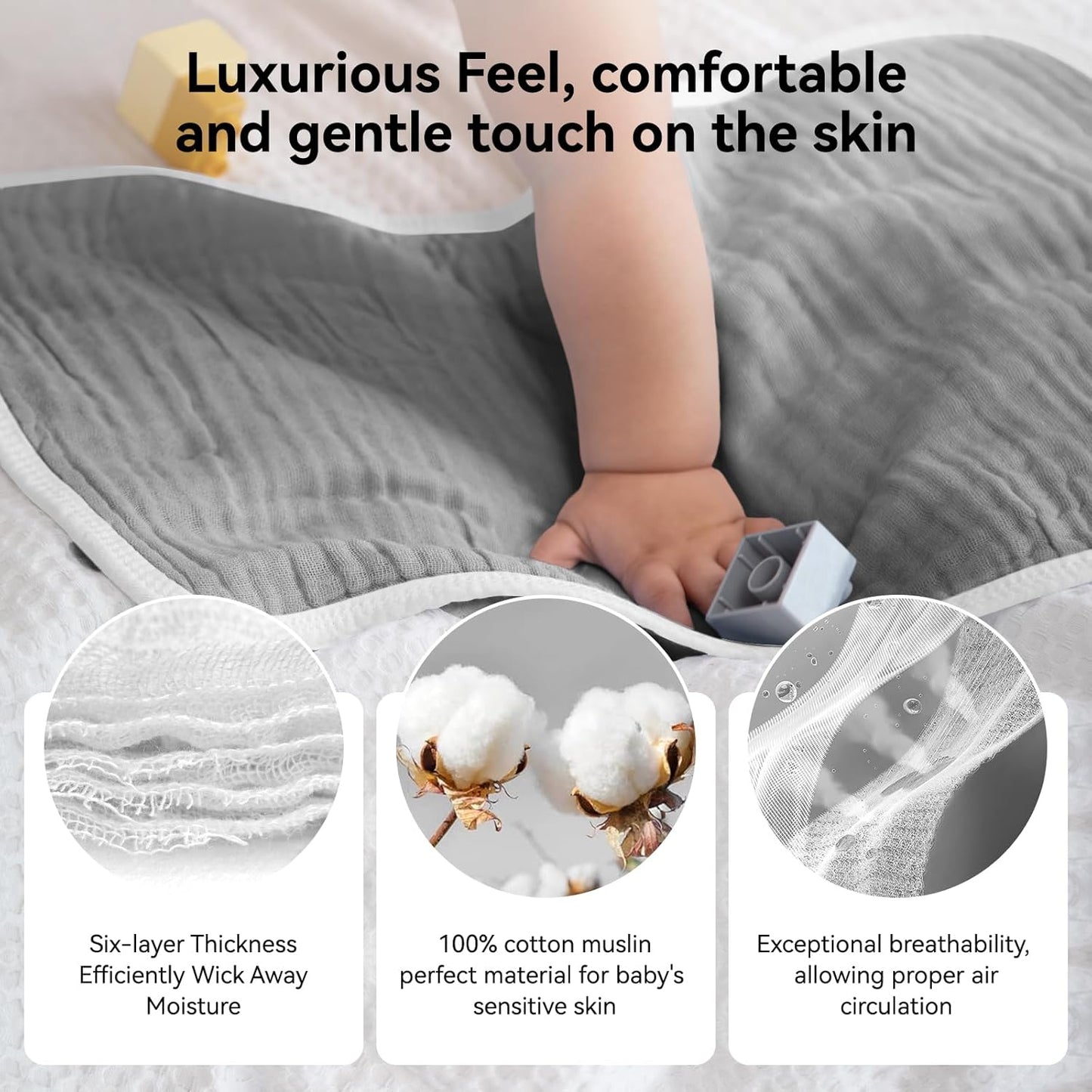 Muslin Burp Cloths Large 20 by 10 Inches 100% Cotton 6 Layers Extra Absorbent and Soft (Grey)