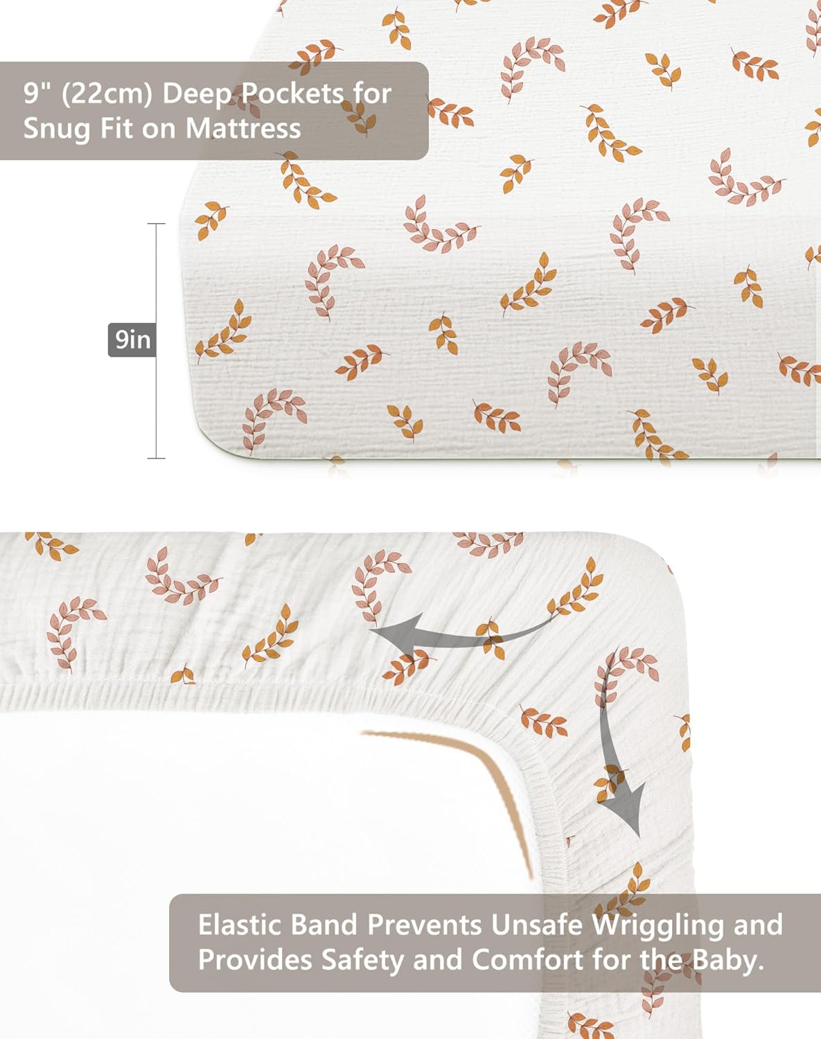 Crib Sheets for Boys Girl, Fitted Baby Toddler Bed Sheets 28" x 52", Neutral Muslin Cotton Crib Mattress Bedding Soft and Breathable Comfort (Leaf)