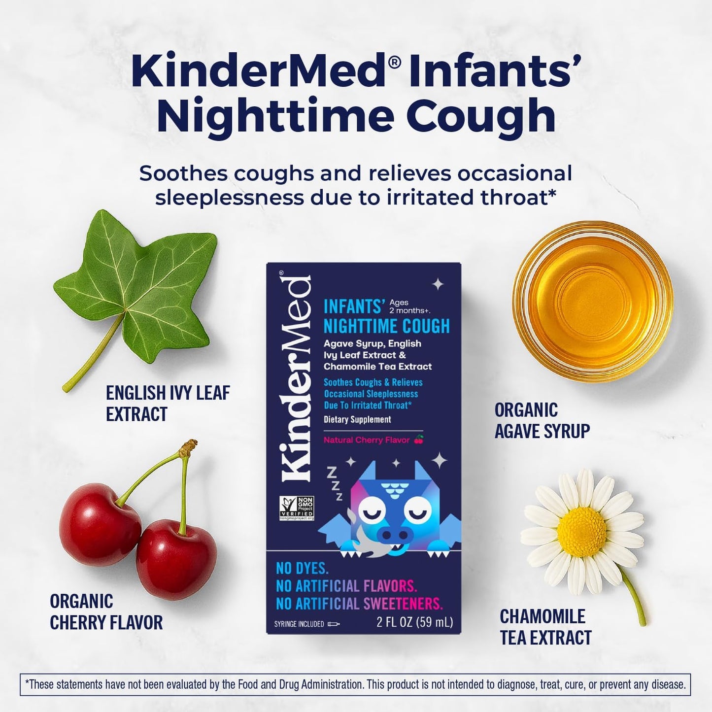 KinderMed Infants' Nighttime Cough, Organic Agave Syrup, English Ivy Leaf Extract, Chamomile Tea Extract, No Dyes, No Artificial Flavors or Sweeteners, Ages 2 Months+, Natural Cherry Flavor (2 Fl Oz)