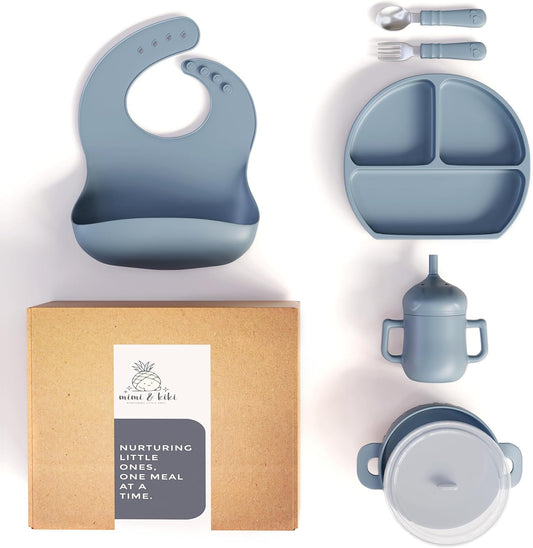 mimi & kiki BPA-Free Silicone Baby Feeding Set, Baby Plates and Bowls Set, Baby Led Weaning Supplies, Silicone Suction Plate, Baby Utensils, Bib and Cup, Self Feeding, Dishwasher Safe (Blue)