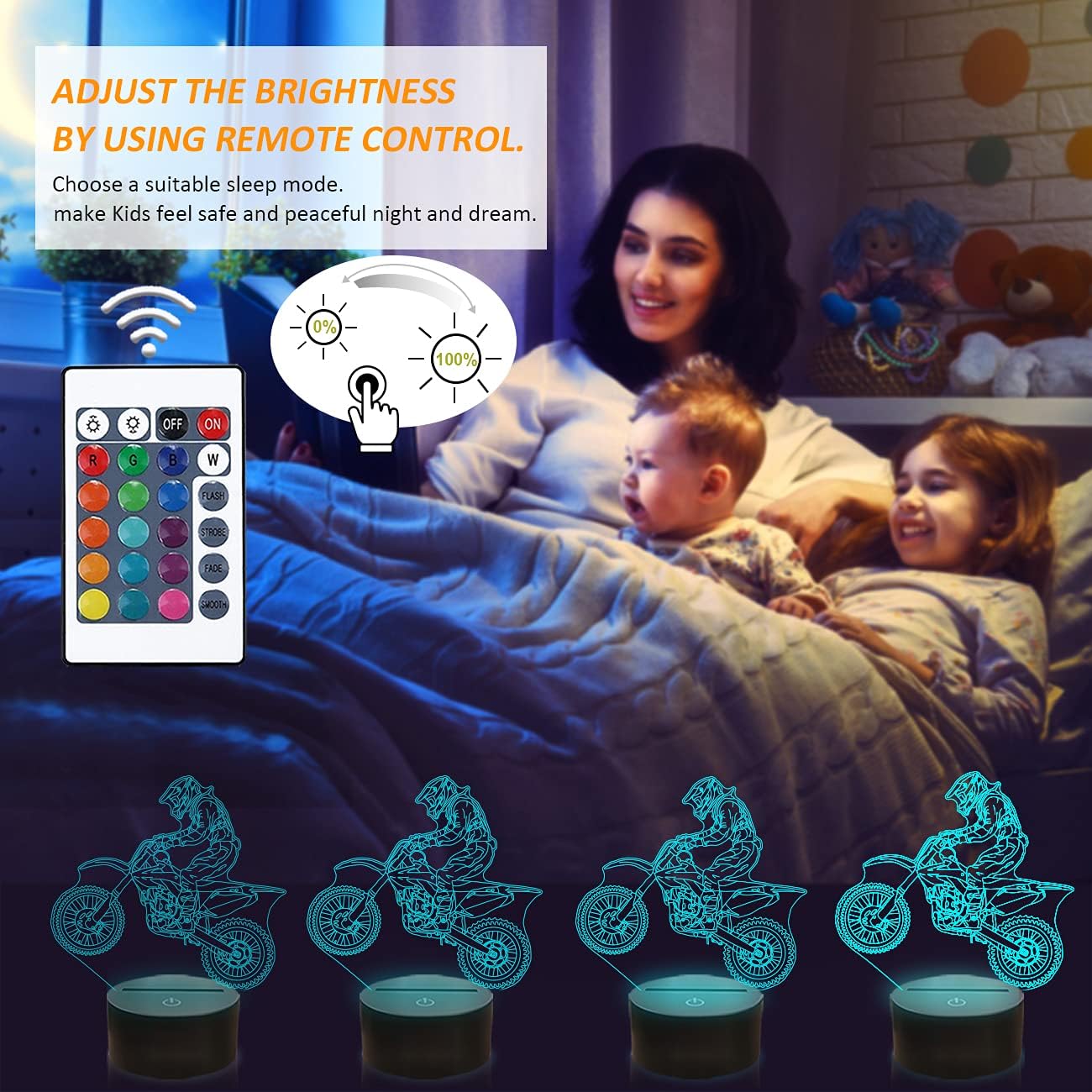 FULLOSUN Dirt Bike Gifts, Motocross 3D Night Light for Kids for Xmas Holiday Birthday Gifts for Kids Motorcycle Fan with Remote Control 16 Colors Changing + 4 Changing Mode + Dim Function