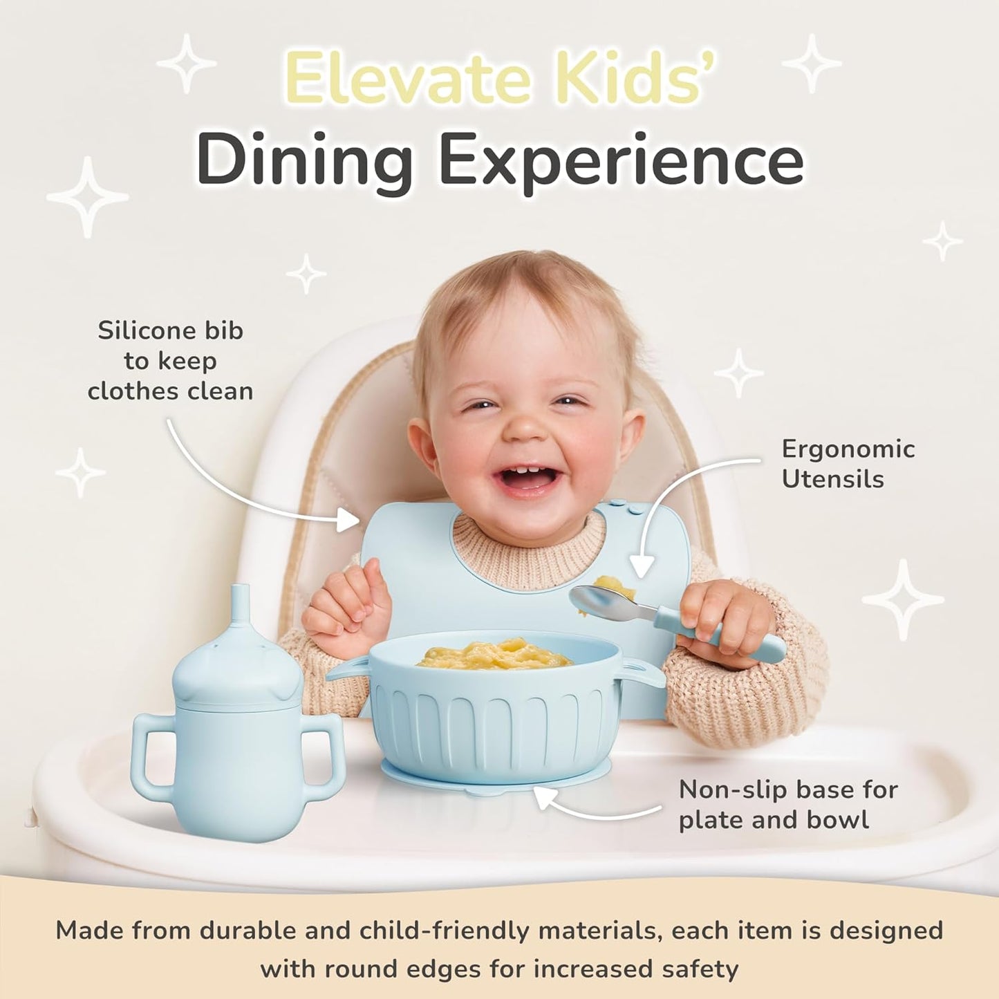 mimi & kiki BPA-Free Silicone Baby Feeding Set, Baby Plates and Bowls Set, Baby Led Weaning Supplies, Silicone Suction Plate, Baby Utensils, Bib and Cup, Self Feeding, Dishwasher Safe (Light Blue)