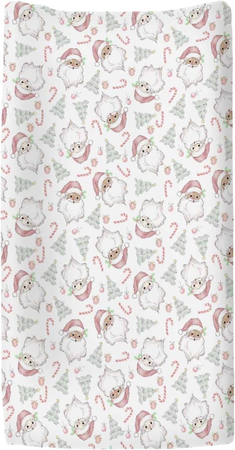Pastel Santa Christmas Trees Baby Changing Pad Covers for Boys Girls Pink Santa Claus Candy Fitted Changing Table Cover Mats Winter Holiday Festive Soft Diaper Change Table Cover Sheets 32''×16''