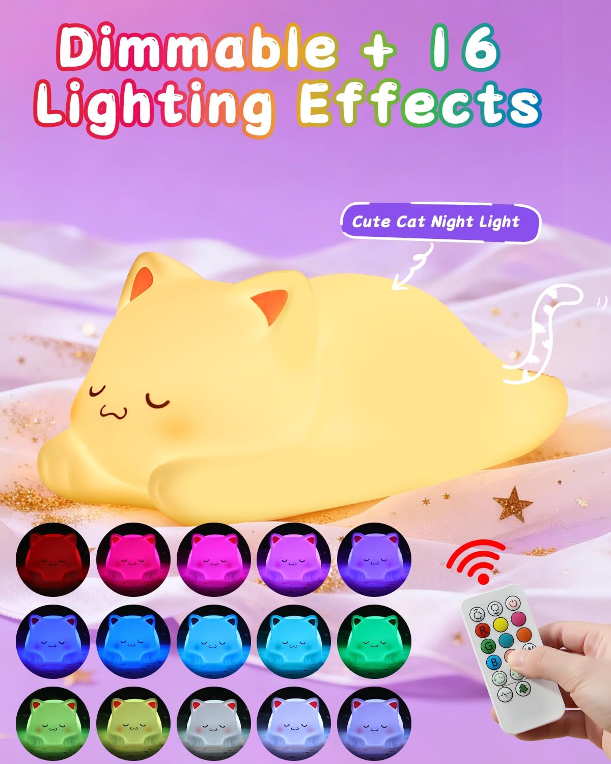 ZKLiLi Night Light for Kids Cute Cat Lamp,16 Colors+Tap+Remote+Silicone Kids Night Light,USB Remote Rechargeable Cat Night Lights for Room Decoration, Girls