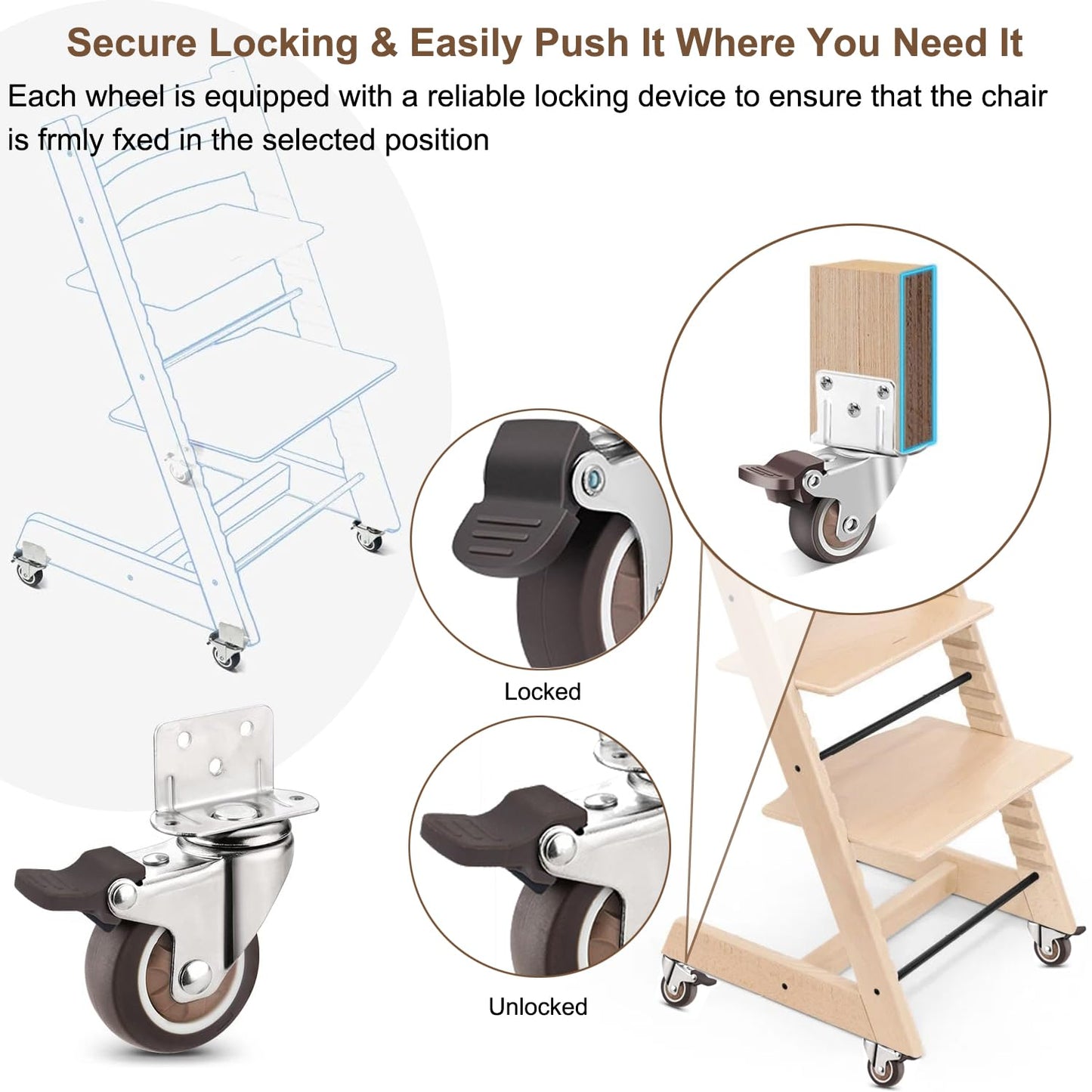Universal Booster Wheel Kit for Stokke Tripp Trapp High Chairs - 360° Swivel Casters with Safety Locks + Free Sippy Cup Strap (4-Piece Set)
