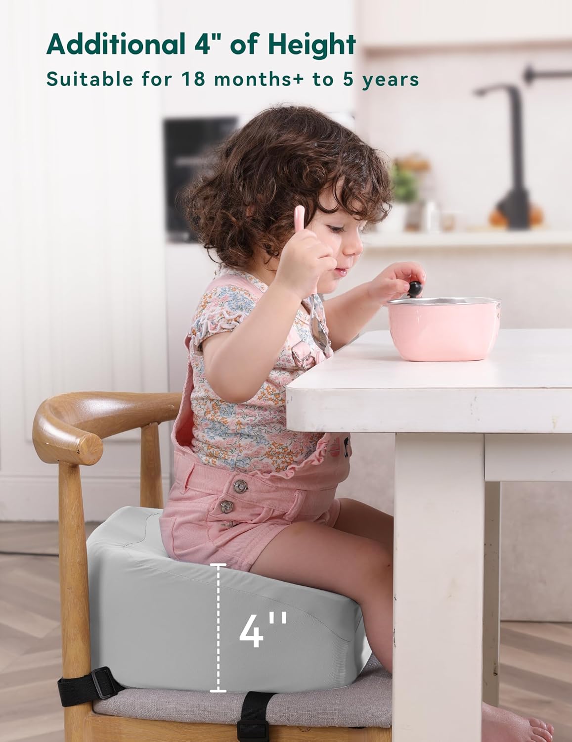Babelio Ergo-Designed Booster Seat for Kitchen Chair, Promote Proper Upright Posture, Toddler Booster Seat for Dining Table, Removable & Washable Cover, Suitable for 18 Months to 5 Years, Grey