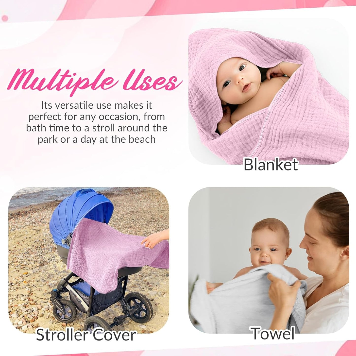 6 Pcs Muslin Hooded Bath Towels Washcloths and Bibs Set, Muslin Cotton Baby Towels Absorbent Hooded Blanket Towel Infant Bibs for Boys Girls Newborn Infant Essentials(White,Pink)