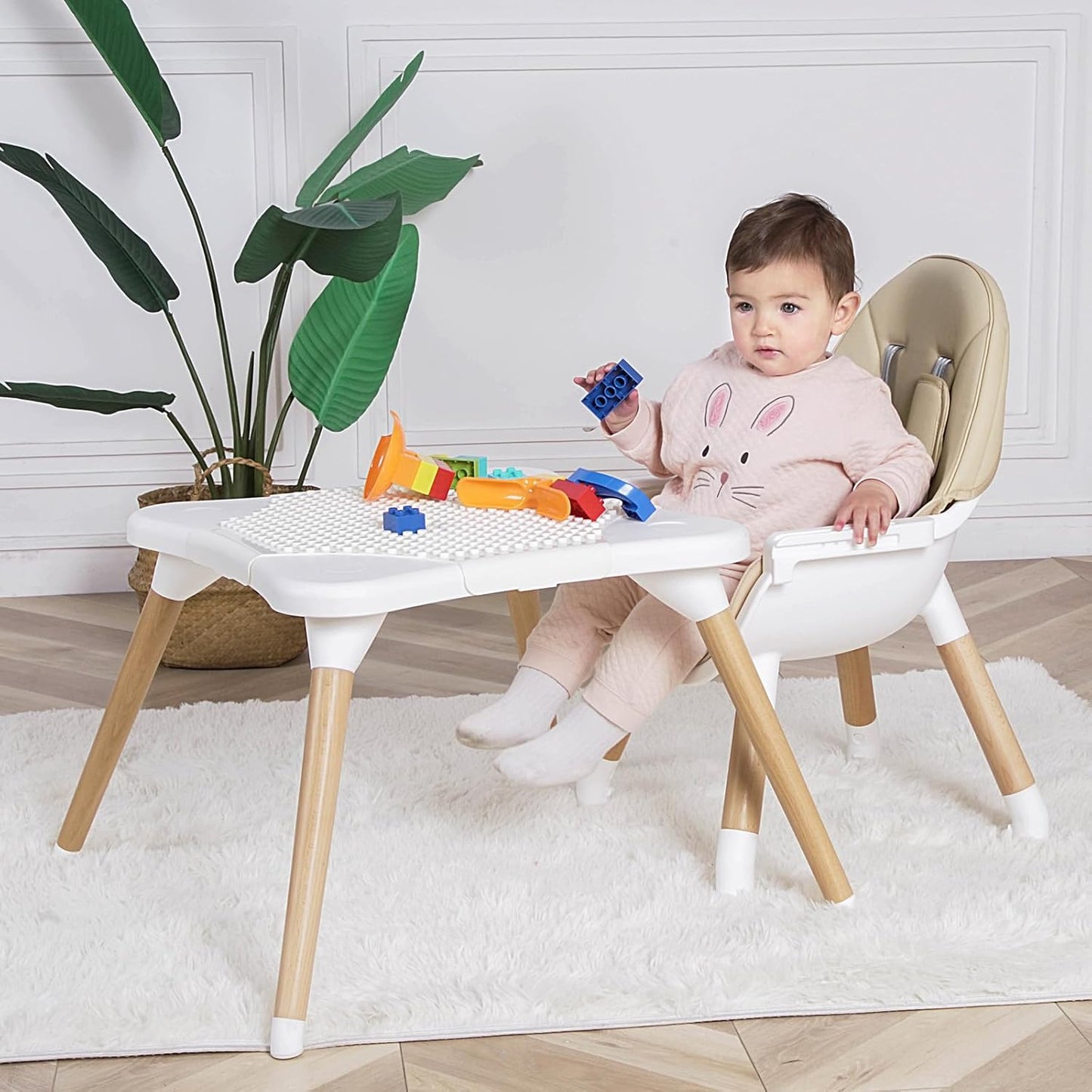 6 in 1 High Chair for Babies & Toddlers, Convertible Wooden Baby Highchair, Table and Chair Set, Baby Feeding Chair, 5-Point Adjustable Harness/4-Position Removable Tray& PU Seat Cushion(Beige)