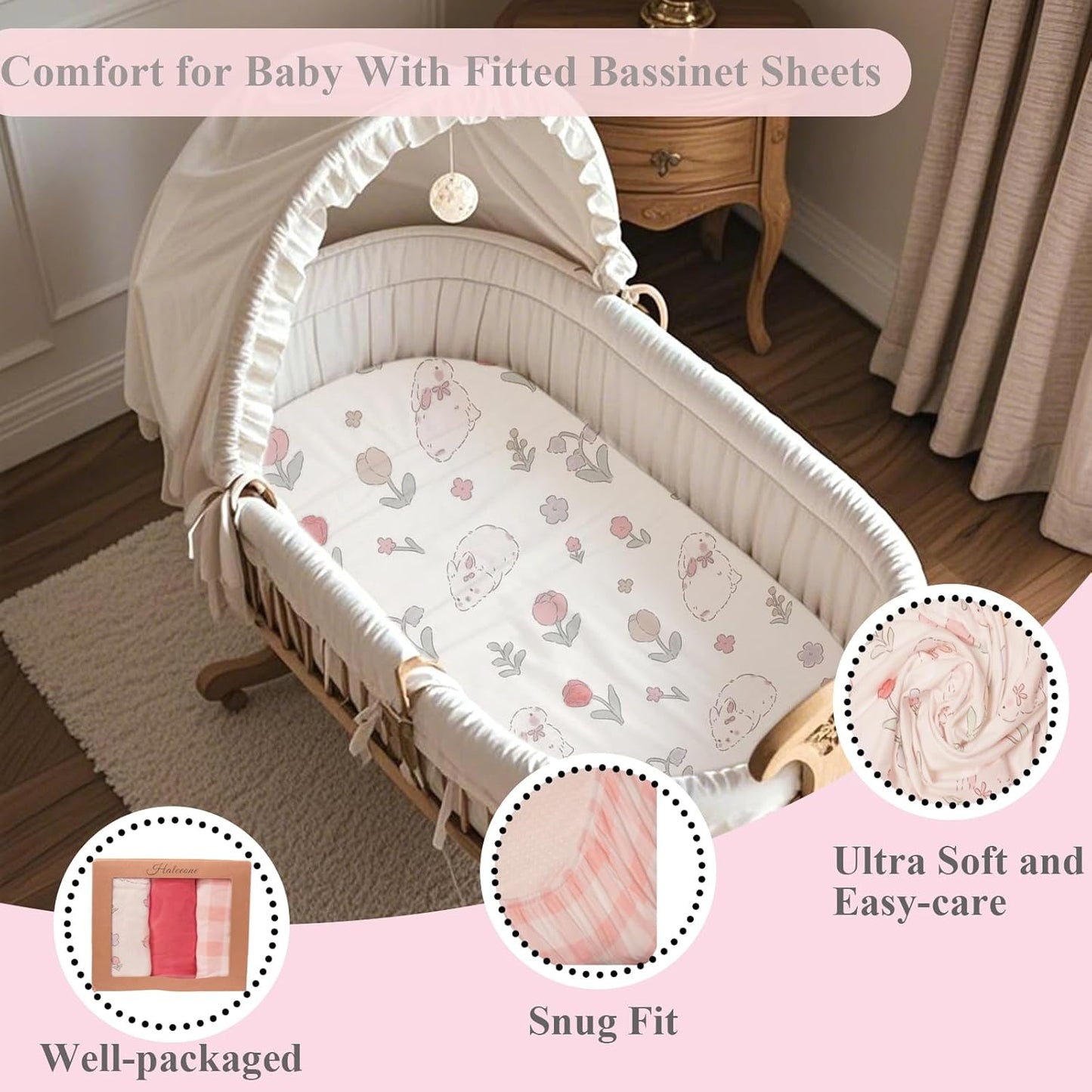 100% Jersey Cotton Bassinet Sheets 20"x33" Fits Baby Delight, Fodoss, Dream On Me Skylar and Most Rectangle Bedside Sleeper, Super Soft Breathable Fitted Sheets, 3 Pack, Pink