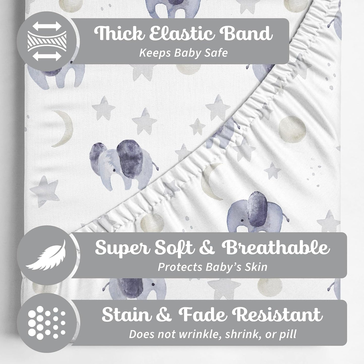 Baby Bassinet Sheets for Boy, Girl (Watercolor Elephants) 2-Pack - Fitted Bedside Bassinet Sheets - Buttery Soft Cotton Blend for Standard Mattress Pad - Compatible with Halo BassiNest
