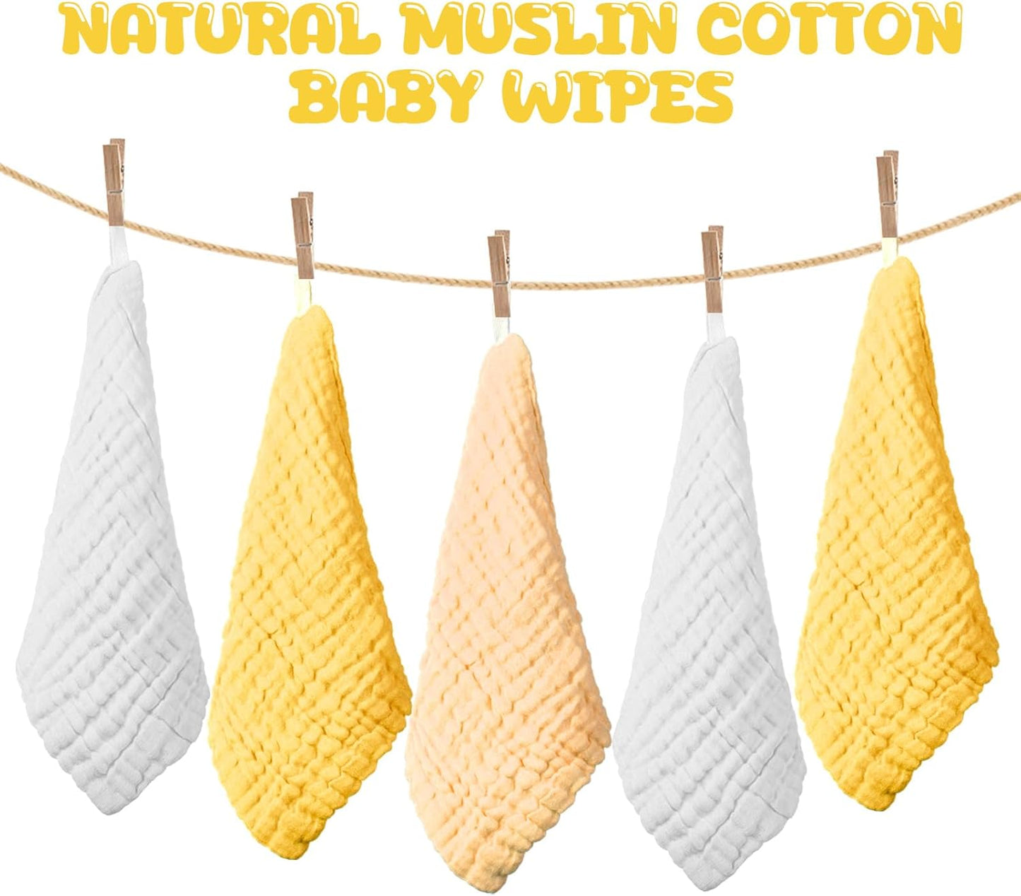 Breling 20 Pcs Baby Muslin Washcloth 12 x 12 Inch 100% Cotton Soft and Absorbent Muslin Washcloth Burp Cloth Wipe Newborn Face Towel for Baby Boy Girl Sensitive Skin(White, Light Yellow, Yellow)