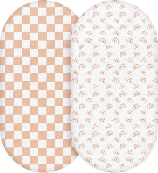 Muslin Bassinet Fitted Sheets, 2 Pack for Baby Boy and Girl, Soft Breathable Baby Pad/Mattress Sheet, Fit for Hourglass Oval and Rectangle Bassinet Mattress (Lattice Rainbow)