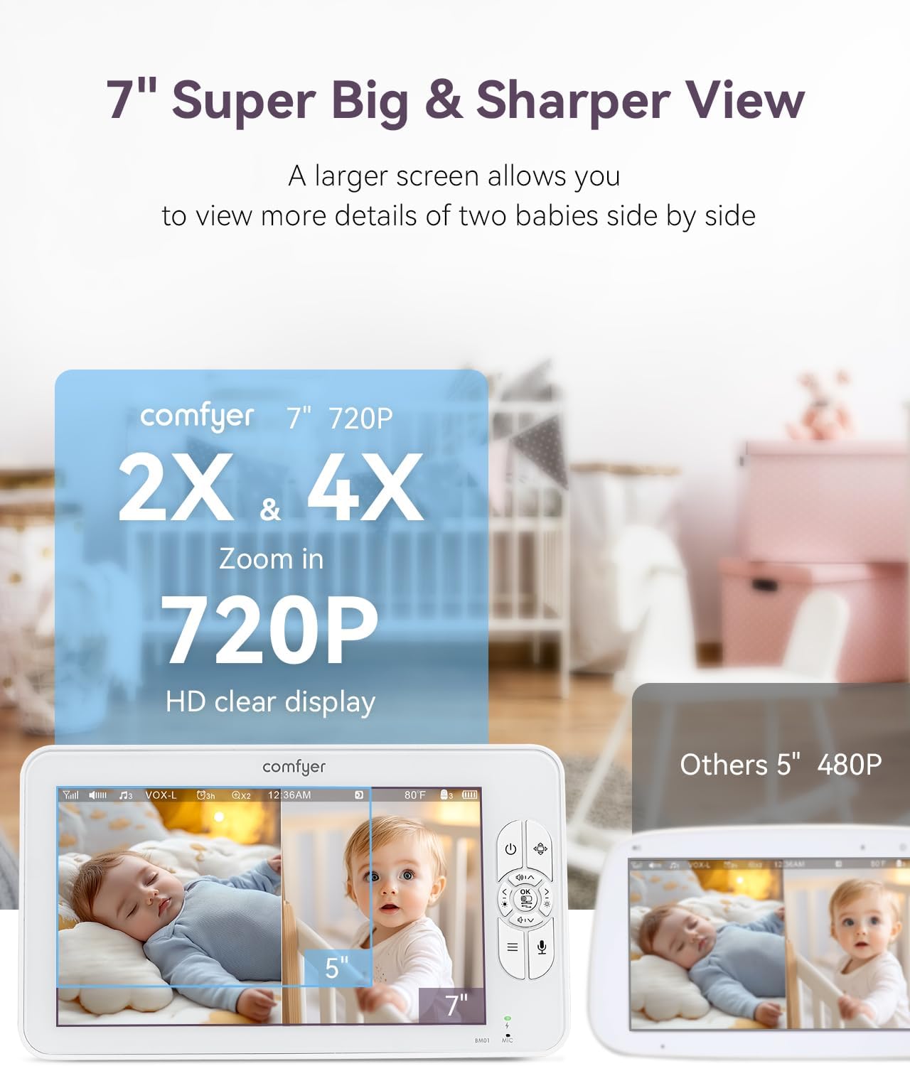 7" Split-Screen Baby Monitor with 2 1080P Cameras, 720P HD No WiFi Monitor with a Flexible Bracket, 6000mAh Battery, VOX Mode, 2 Way Audio, Remote PTZ, Auto Night Vision