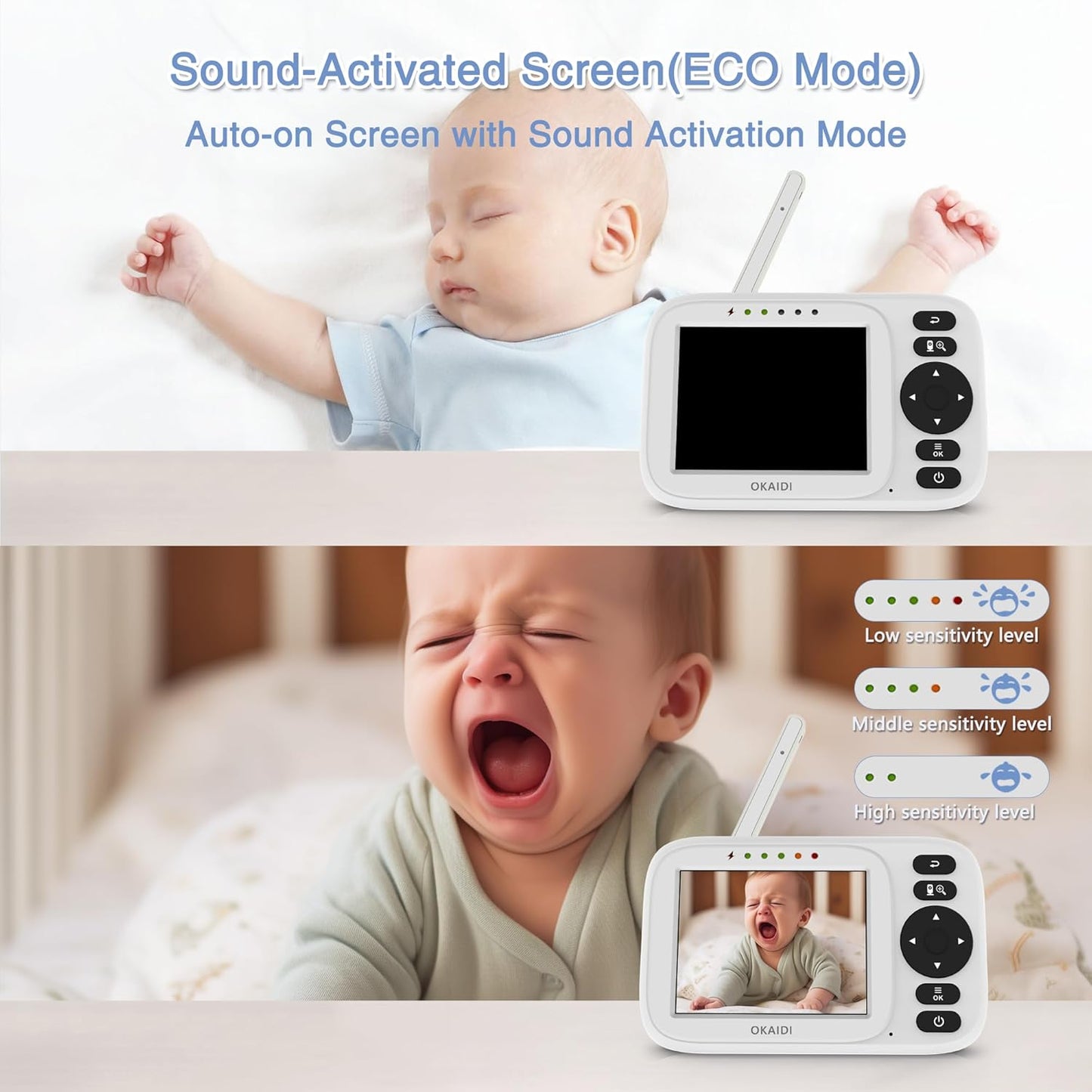 OKAIDI Baby Monitor with Camera and Audio, 3.2" IPS Screen Video Baby Monitor No WiFi, Infrared Night Vision, VOX Mode, Sound Activated Screen, 1000ft Transmission Range
