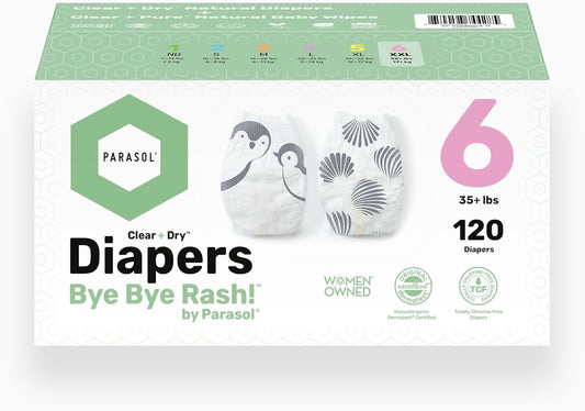 Parasol Clear+Dry Disposable Diapers and Clear+Pure Wipes, RashShield Protection, Size 6 (35 lbs and Up), Diaper Bundle of 120 Diapers & 240 Wipes