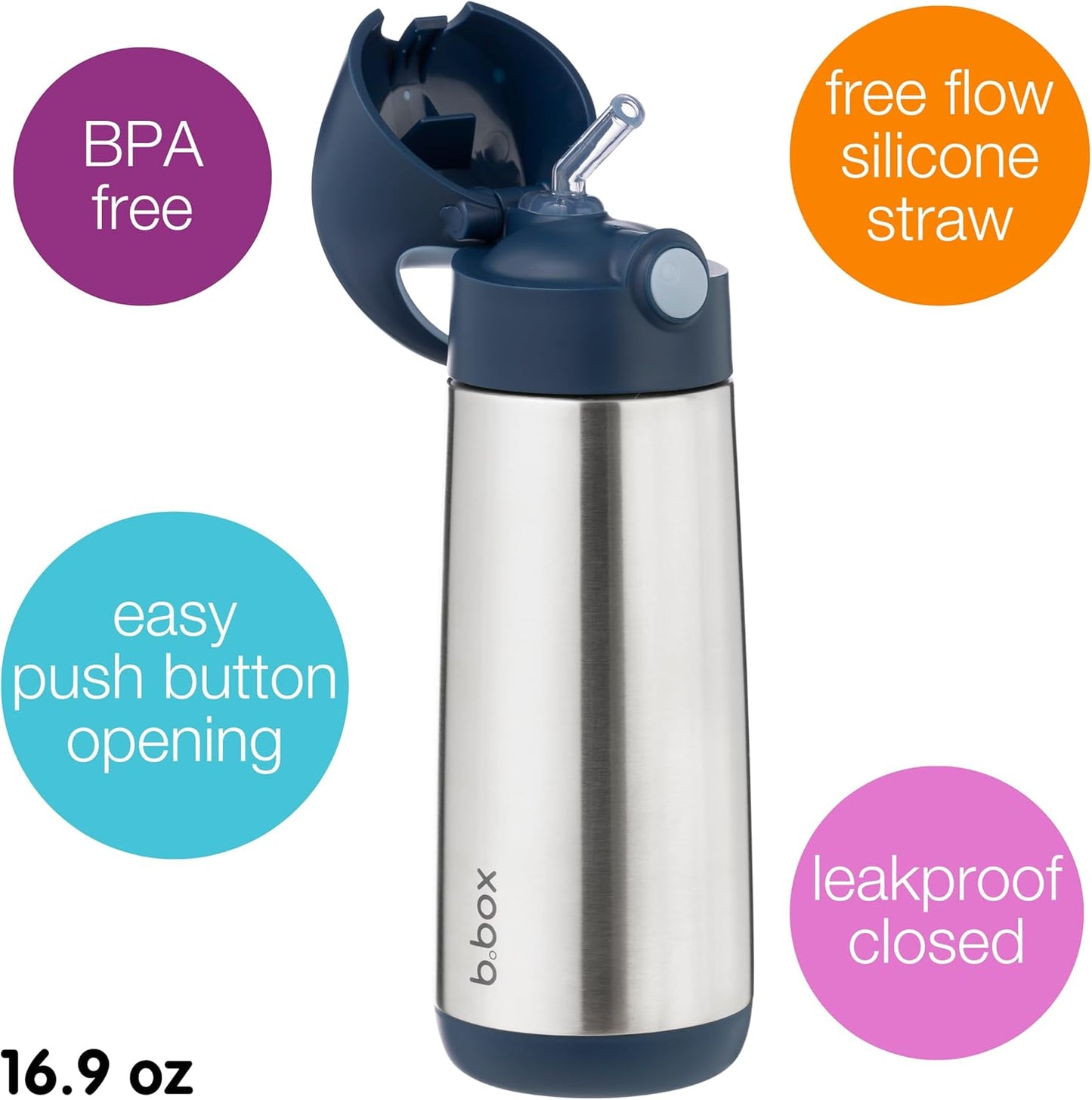 b.box 16.9 oz Insulated Water Bottle - Keeps Drinks Cold 15 Hours, Warm 8 Hours, Triple Wall Stainless Steel Kids Water Bottle w/Free Flow Silicone Straw, Leakproof & Dishwasher Safe