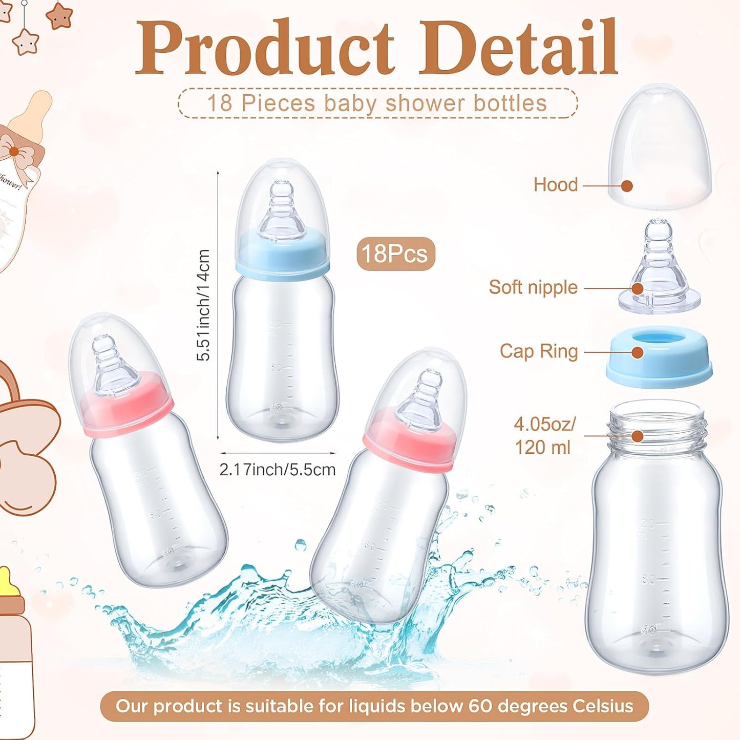 Roowest Bottle Chug Baby Shower Game Favors Including Boho Theme Wooden Sign and 18 Pcs Baby Bottles for Gender Reveal Party Supplies