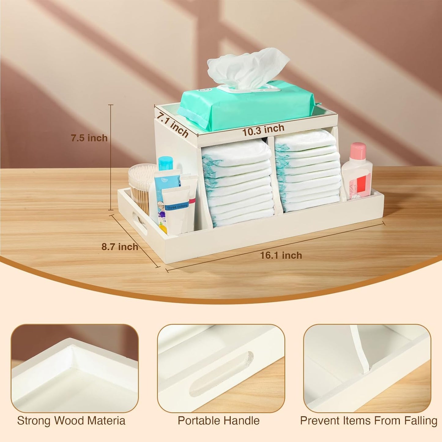 Three colors Diaper Organizer, Wooden Diaper Caddy Organizer, Changing Table Organizer, Diaper Storage Organizer, Nursery Baby Organization (White)