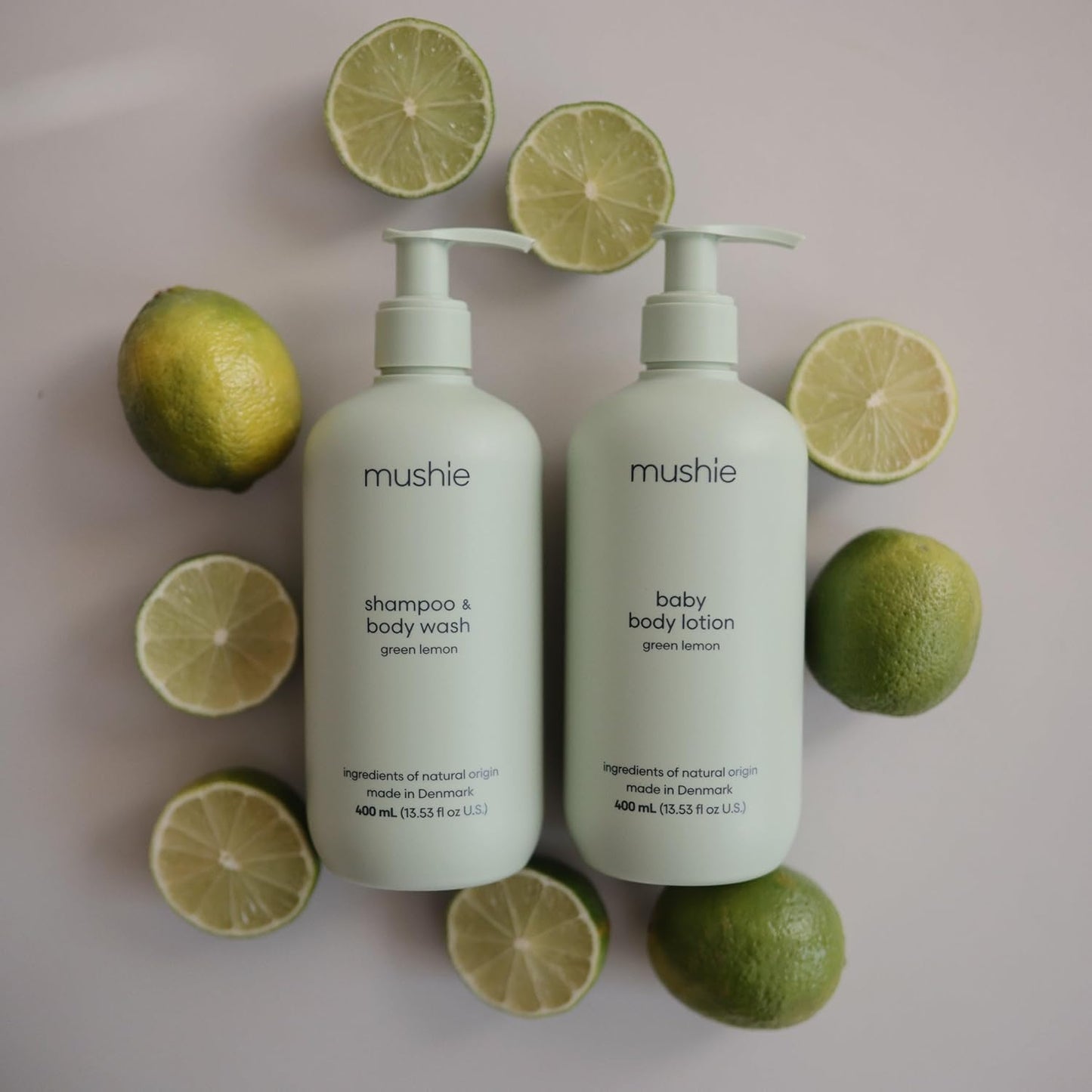 mushie Baby Organic Body Lotion | Moisturize, Soothe, and Hydrates Dry Skin | Made in Denmark, 13.53 fl oz (Green Lemon)
