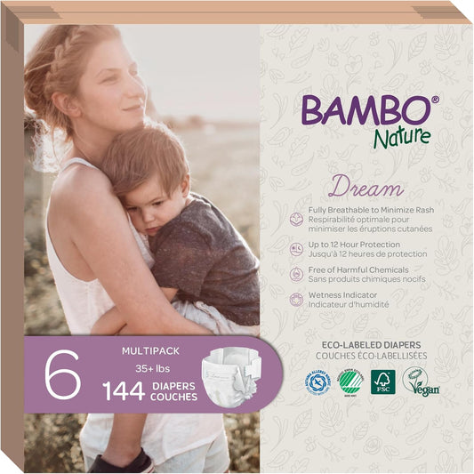 Bambo Nature Hypoallergenic Baby Diapers, Eco-Labelled Sustainable Diapers, Enhanced Leakage Protection, Totally Chlorine-free, Skin Friendly, and Super Absorbent - Size 6 (144 Count)