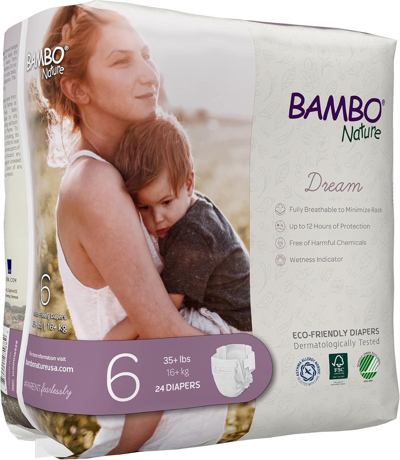 Bambo Nature Hypoallergenic Dream Baby Diapers, Premium Eco-Labeled Sustainable Diapers, Enhanced Leakage Protection, Totally Chlorine-free, Skin Friendly, and Super Absorbent - Size 6 (72 Count)