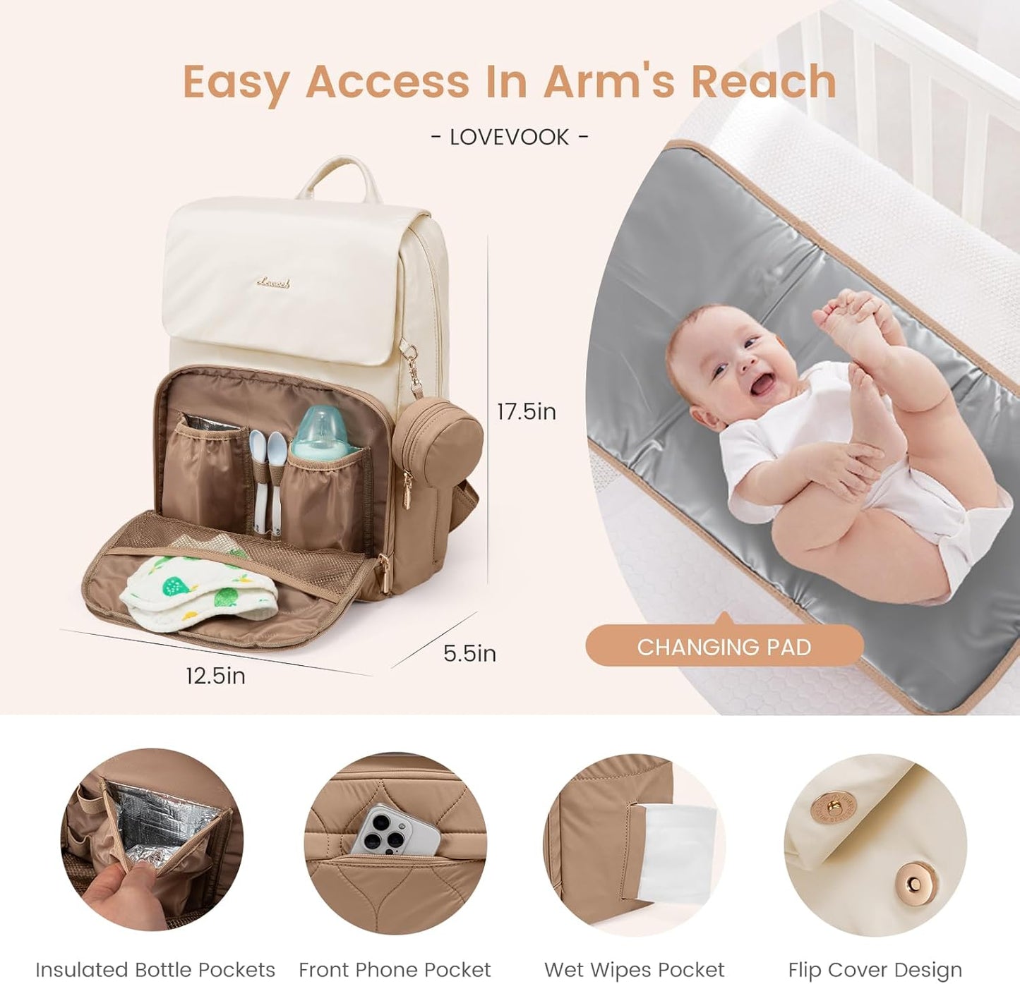 LOVEVOOK Diaper Bag Backpack, Baby Travel Bags for Boys & Girl, Toddler Waterproof Diaper Bag w/Changing Pad (Beige khaki, 15.6''-Small)