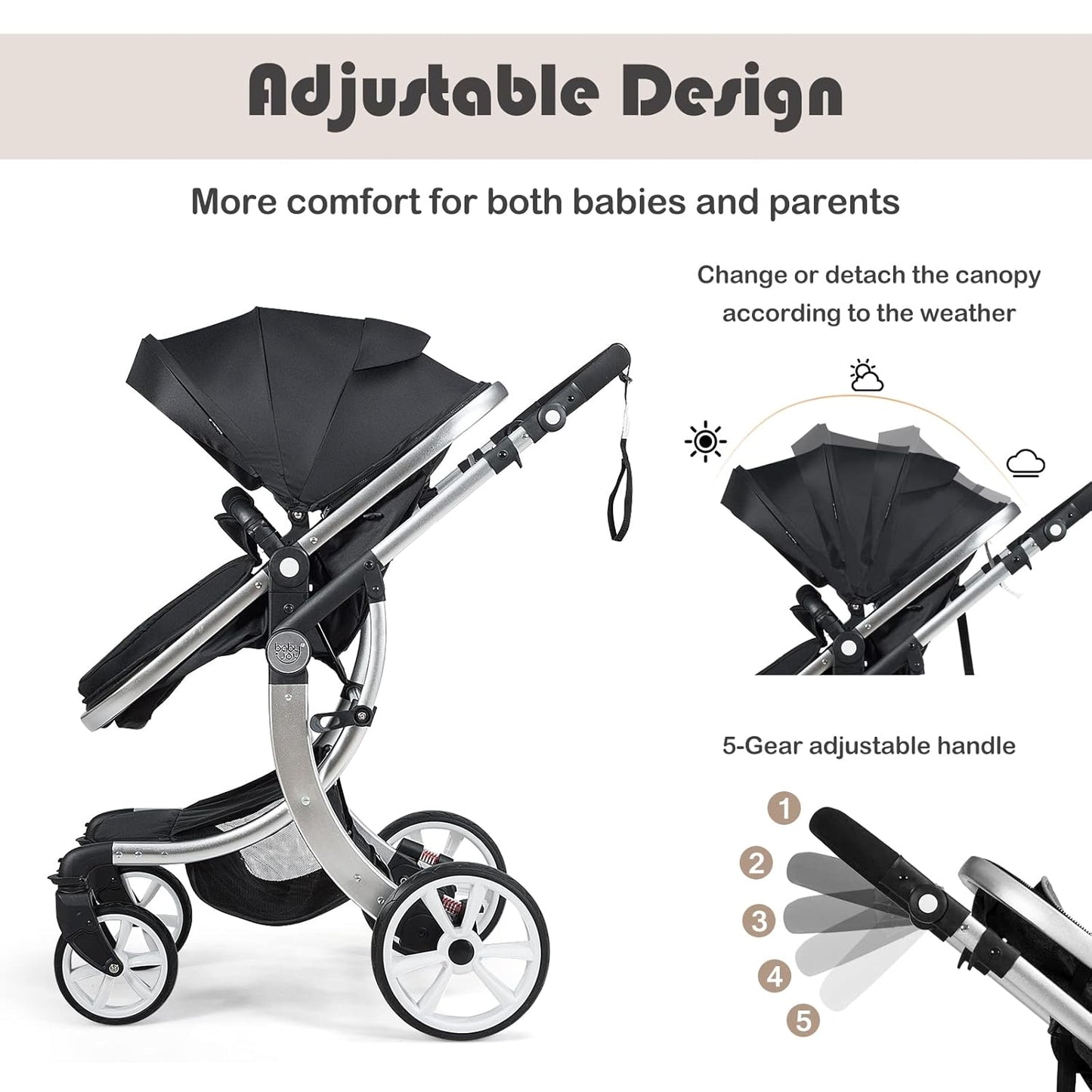 BABY JOY 2-in-1 High Landscape Baby Stroller, Reversible Bassinet Reclining Stroller, Foldable Push Chair w/Adjustable Canopy, Storage Bag, Foot Cover, Rain Cover & Net, Aluminum Alloy Frame (Black)