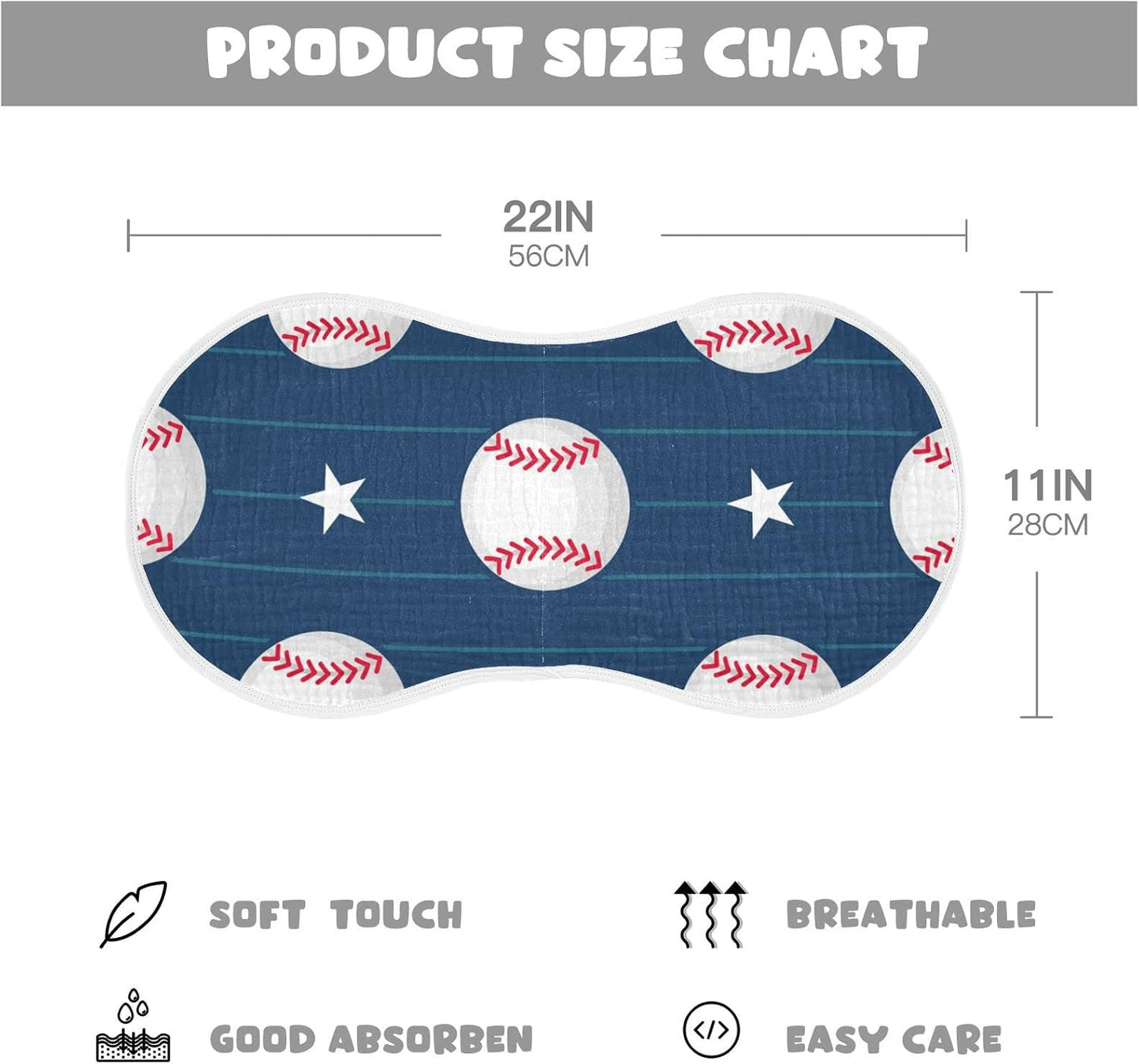 Muslin Baby Burp Cloths Set of 1, Soft Absorbent Baseball Stripe Muslin Washcloths, Bibs, Face Towel for Newborn Boys Girls, 22 x 11 Inch