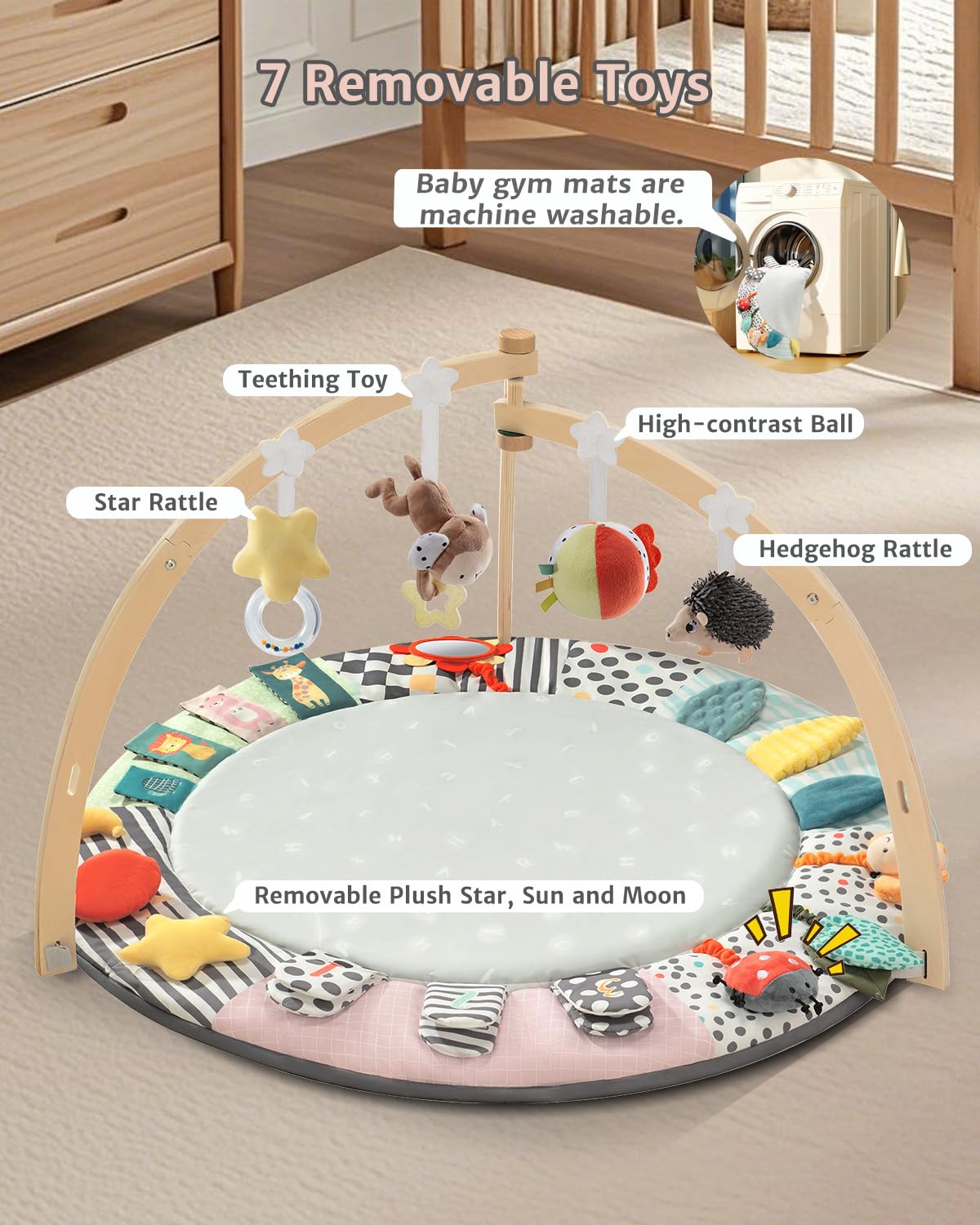 Baby Play Mat Activity Gym,6 Developmental Zones Tummy Time Mat, Foldable Wooden Baby Play Gym with 7 Detachable Sensory Toys for Newborn Brain Development, Essential Baby Shower Set