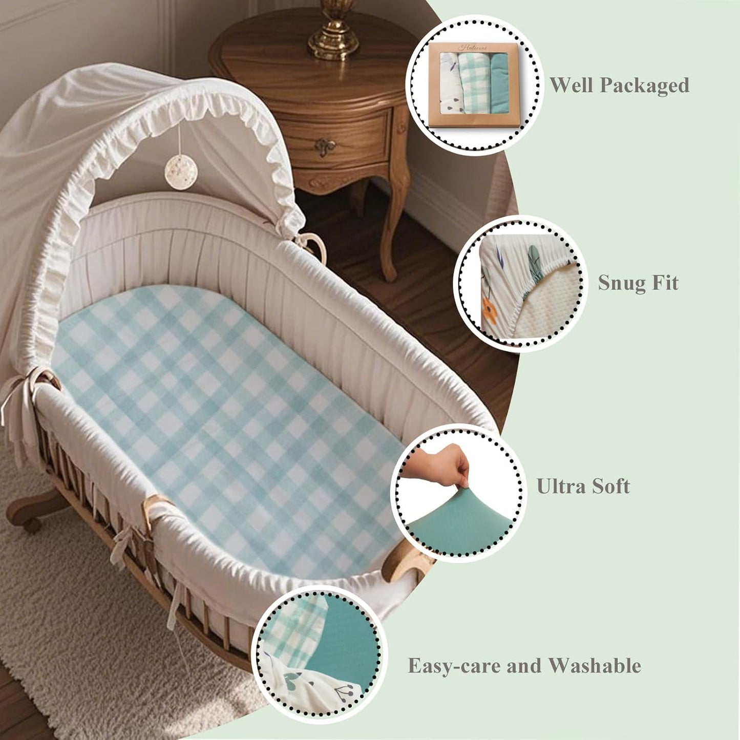 100% Jersey Cotton Bassinet Sheets 21"x35" Fits Airclub, venowu, Larex 3 in 1, and HARPPA Baby Bassinet, Super Soft and Breathable Bassinet Fitted Sheets, 3 Pack, Green