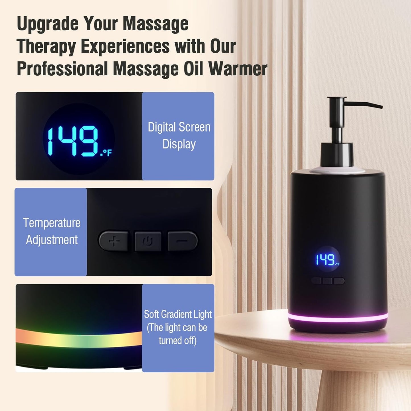 Massage Oil Lotion Warmer, Massage Oil Heater for SPA Massage Therapy and Personal Use, Portable Body Oil Warmer Dispenser with Two Massage Bottles, Adjustable Temperature(86-149°F), Black