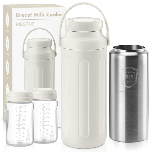 Portable Breast Milk Cooler - 19oz Breast Milk Cooler Bottle with 2pcs Baby Bottles, Breast Milk Chiller with Stainless Steel Ring Cooling for 24 Hours, Breastfeeding Essentials for Travel Outdoor