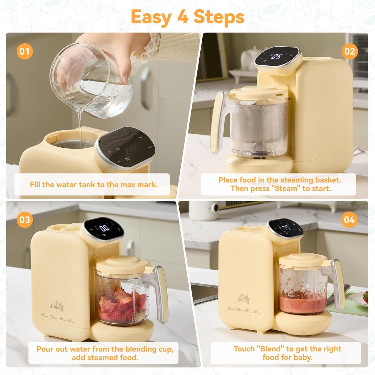 Chefhandy Baby Food Maker, Steamer & Blender with Stainless Steel Basket, Puree Maker with Auto/Manual Blend, Bottle Warmer & Sterili-zer, Safe & Easy-to-Clean Compact Baby Food Processor (Yellow)